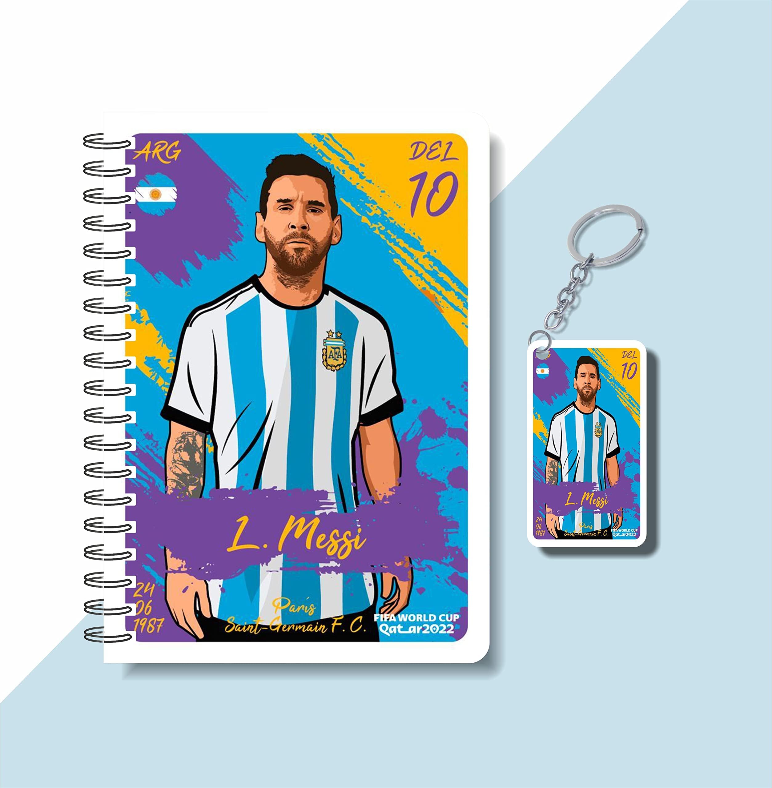 CRAFT MANIACS MESSII ROUND CORNER PRINTED A5 160 RULED PAGES NOTEBOOK & FREE WOODEN KEYCHAIN BEST GIFT FOR STATIONERY LOVERS (L MESSI BLUE CARTOON)