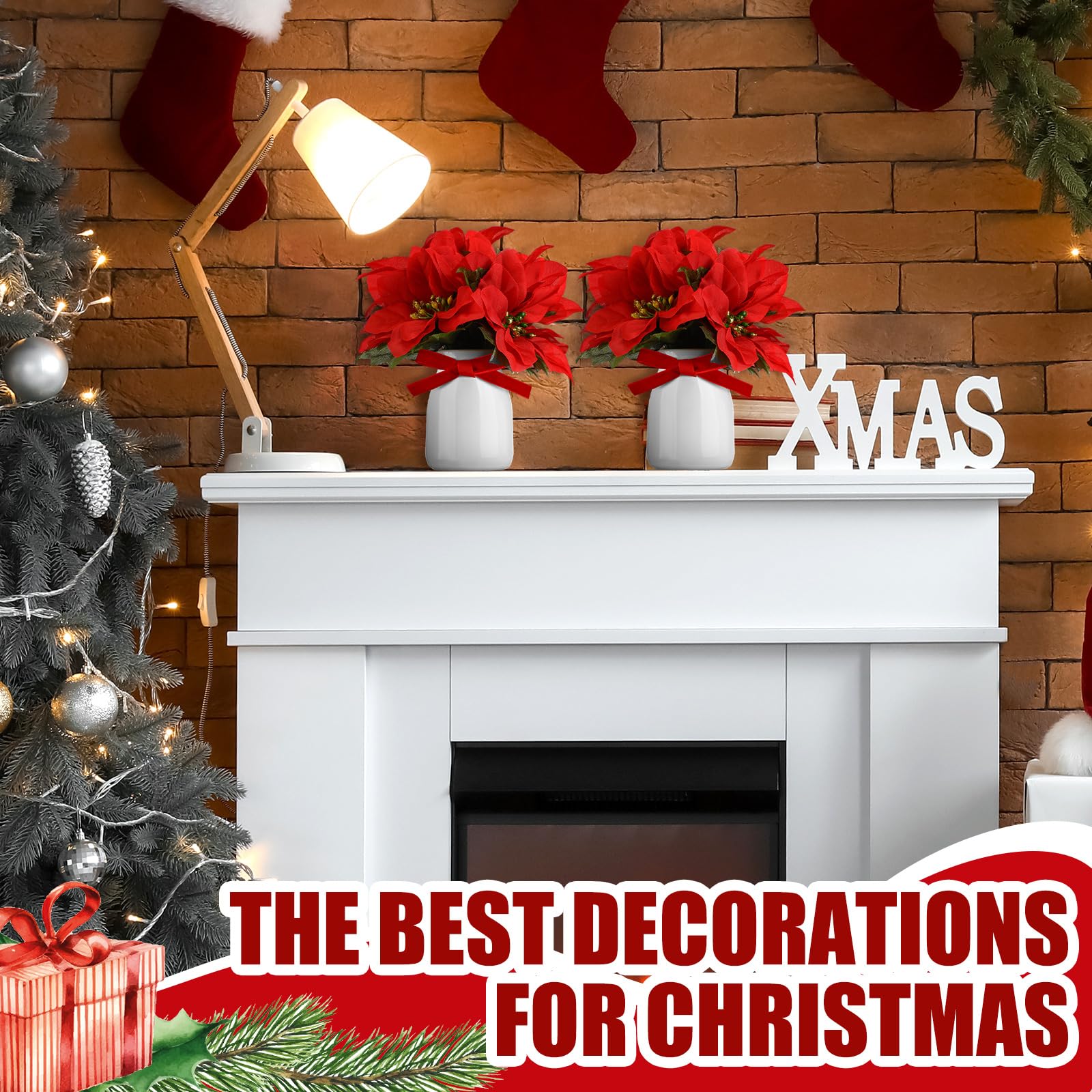 Daifunli Künstliche Weihnachtssternsträucher mit Vase, roter Weihnachtsstern, künstliche Weihnachtsstern, Weihnachtsdekoration, künstlicher Weihnachtsstern, Blumenstrauß für Weihnachten, Party,