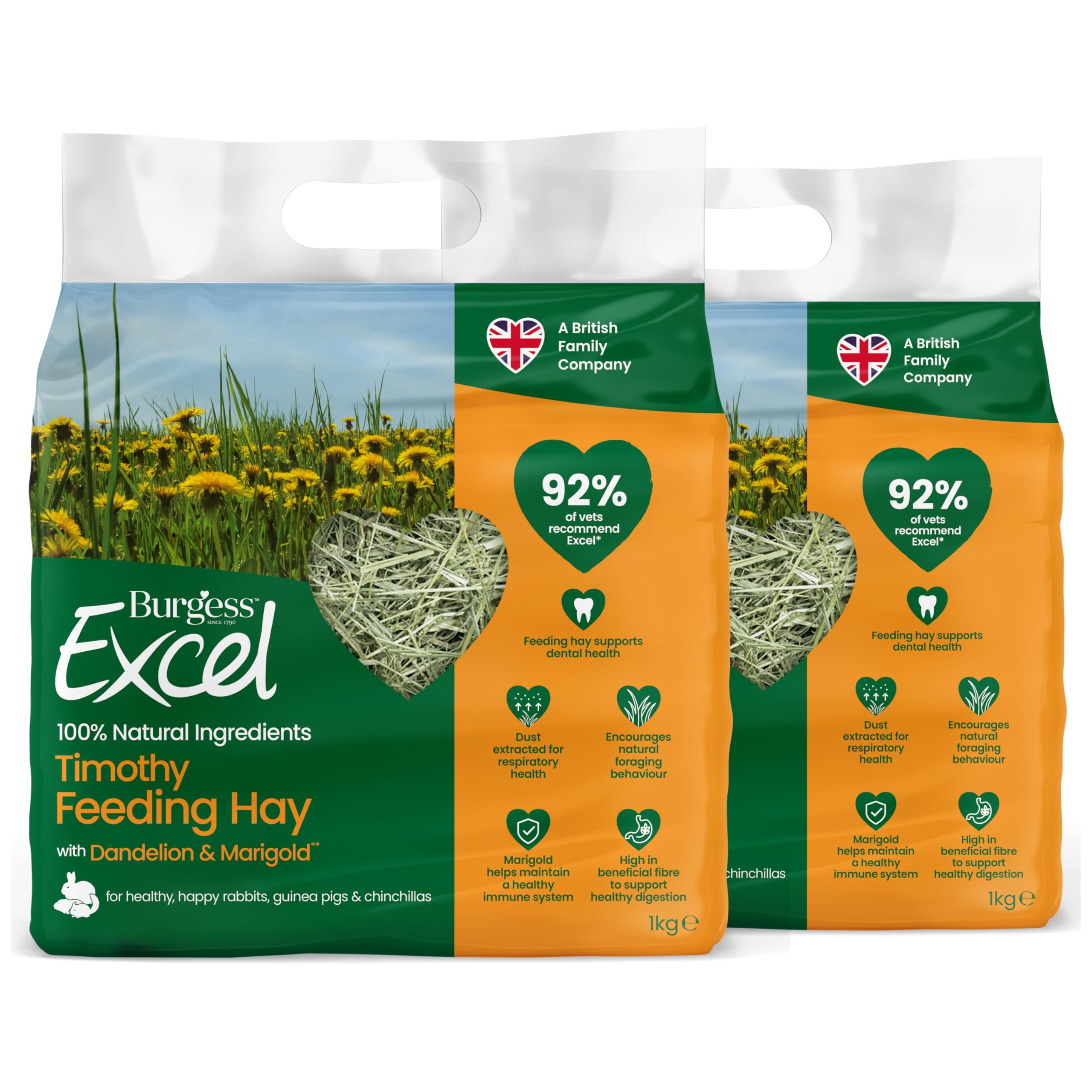 Burgess Excel Dandelion & Marigold Timothy Feeding Hay, 2kg – Dandelion & Marigold Feeding Hay for Rabbits, Guinea Pigs & Chinchillas - Dust Extracted (Pack of 2)