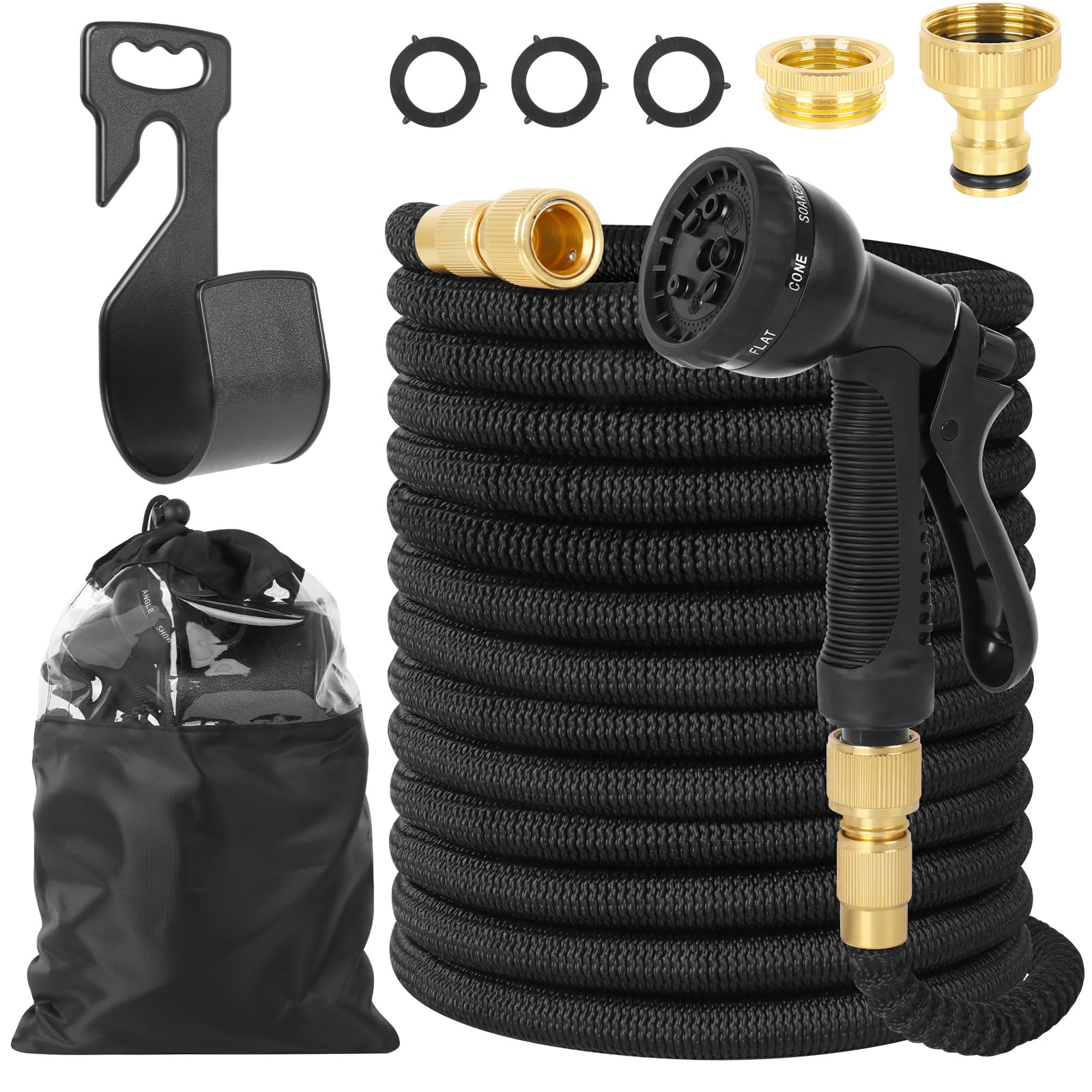 TIECHI Expandable Garden Hose Pipe with 8 Function Spray Gun – 50FT Flexible Water Hose with 3/4", 1/2" Tap Connector, TPE Retractable Hosepipe for Car Wash, Outdoor & Garden Accessories (Black, 15M)