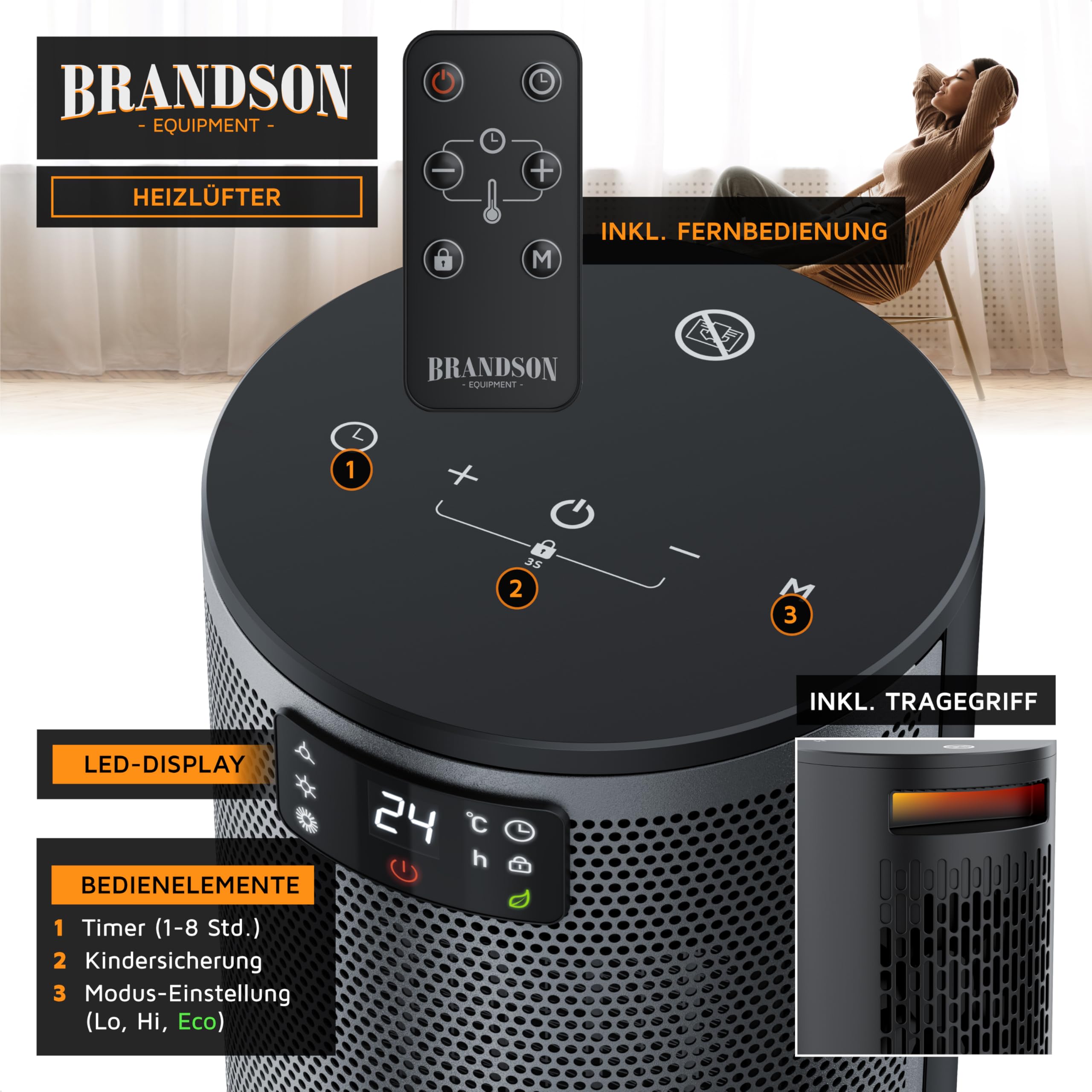 Brandson - Heizlüfter mit Fernbedienung - Preisträger - ECO Modus energiesparend leise - 1500 Watt - 2 Stufen - Kippschutz und Überhitzungssschutz