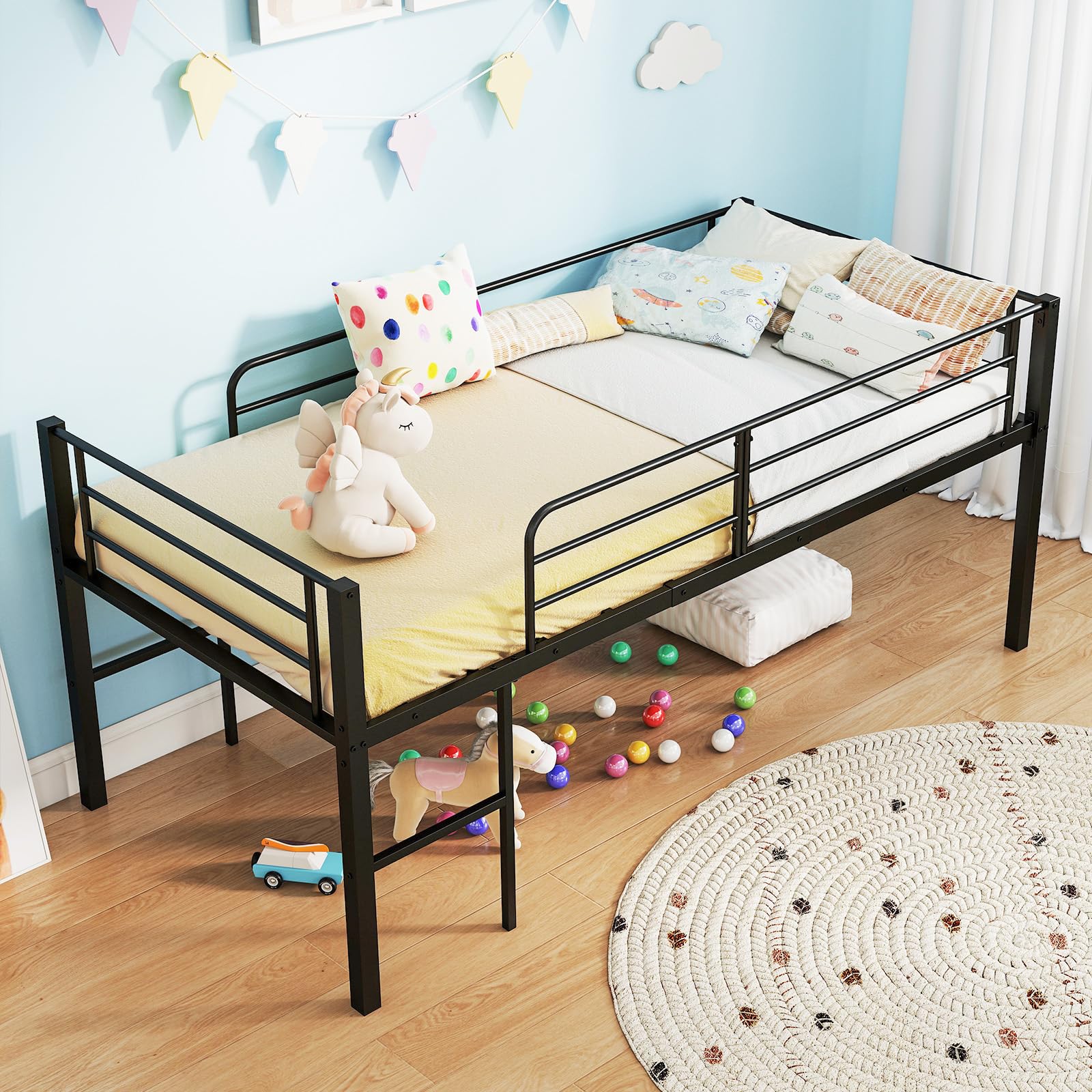 COSTWAY Cama Individual Somier, Estructura Metálica con Barandillas de Seguridad y 2 Escaleras, Listones Metálicos Resistentes para Cama Altillo para Niños, Jóvenes, 198,5 x 96 x 88 cm (Negro)