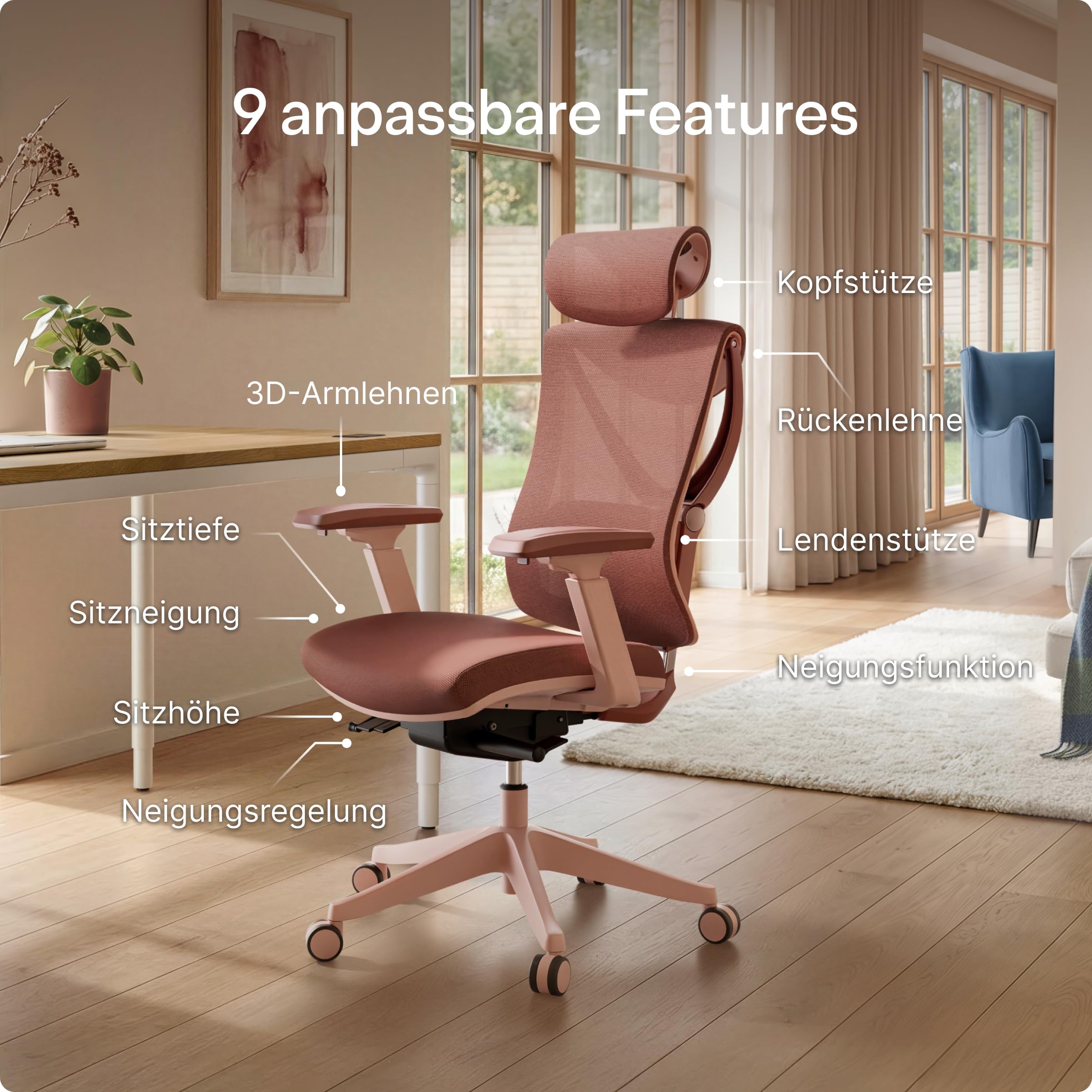 Desktronic Verstellbarer ergonomischer Bürostuhl | Schreibtischstuhl mit Lendenwirbelstütze - rückenfreundlich- Computerstuhl höhenverstellbar & rückenschonend - breites Polster SitPro (Rosa)