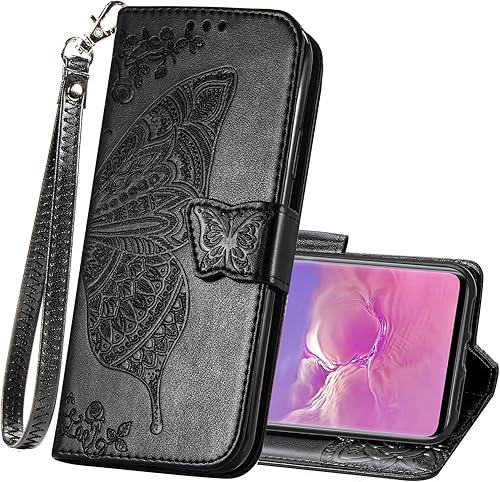 Funda protectora de piel sintética para Samsung Galaxy S10e, con tapa para mujer, con correa para la muñeca, ranuras para tarjetas, bolsillo en