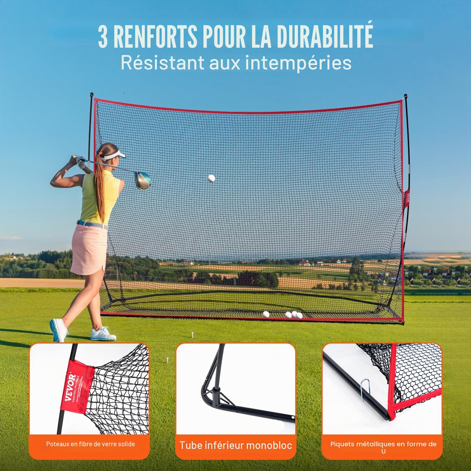 VEVOR Filet d'Entraînement au Golf 329x217 cm, Filet de Frappe de Golf pour Extérieur Intérieur, avec Cadre en Fibre de Verre Solide et Sac de Transport, Matériels d’Entraînement pour Amateurs de Golf