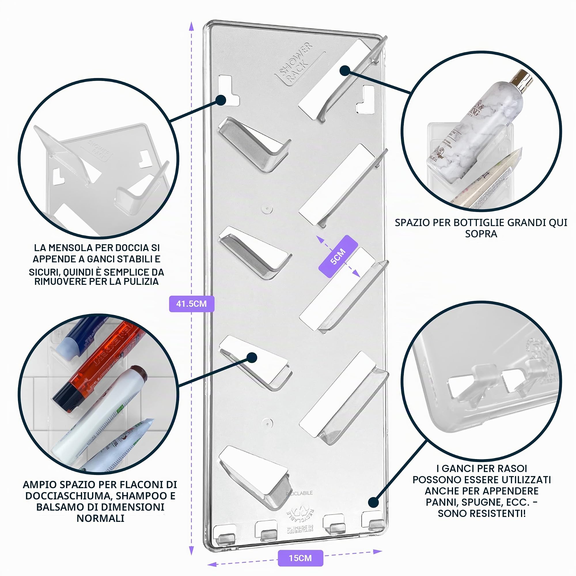 Carrello da doccia a parete in plastica trasparente, facile da installare, conservare con cura shampoo, balsami, rasoi e altri accessori su questo elegante bagno