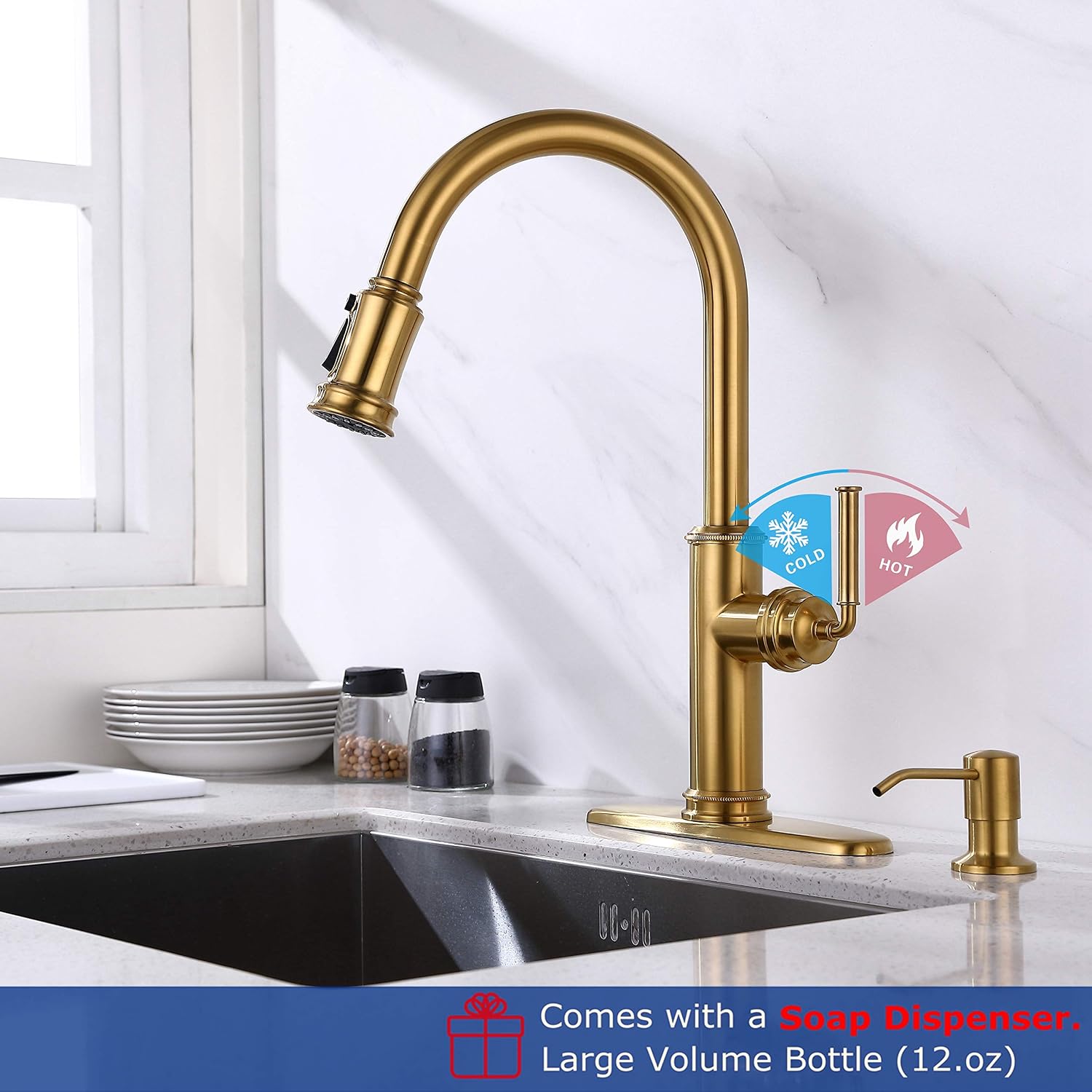 🔥 Flаѕh Sаlе RKF Pull Down Kitchen Faucet with Sprayer,Single Handle High ArcPull Out Spray Head Kitchen Sink Faucets with Deck Plate and Soap Dispenser,Brushed Gold,PD05-32/BG Suреr Sаlе 🛒 RKF Pull Down Kitchen Faucet with Sprayer,Single Handle High ArcPull Out Spray Head Kitchen Sink Faucets with Deck Plate and Soap Dispenser,Brushed Gold,PD05-32/BG