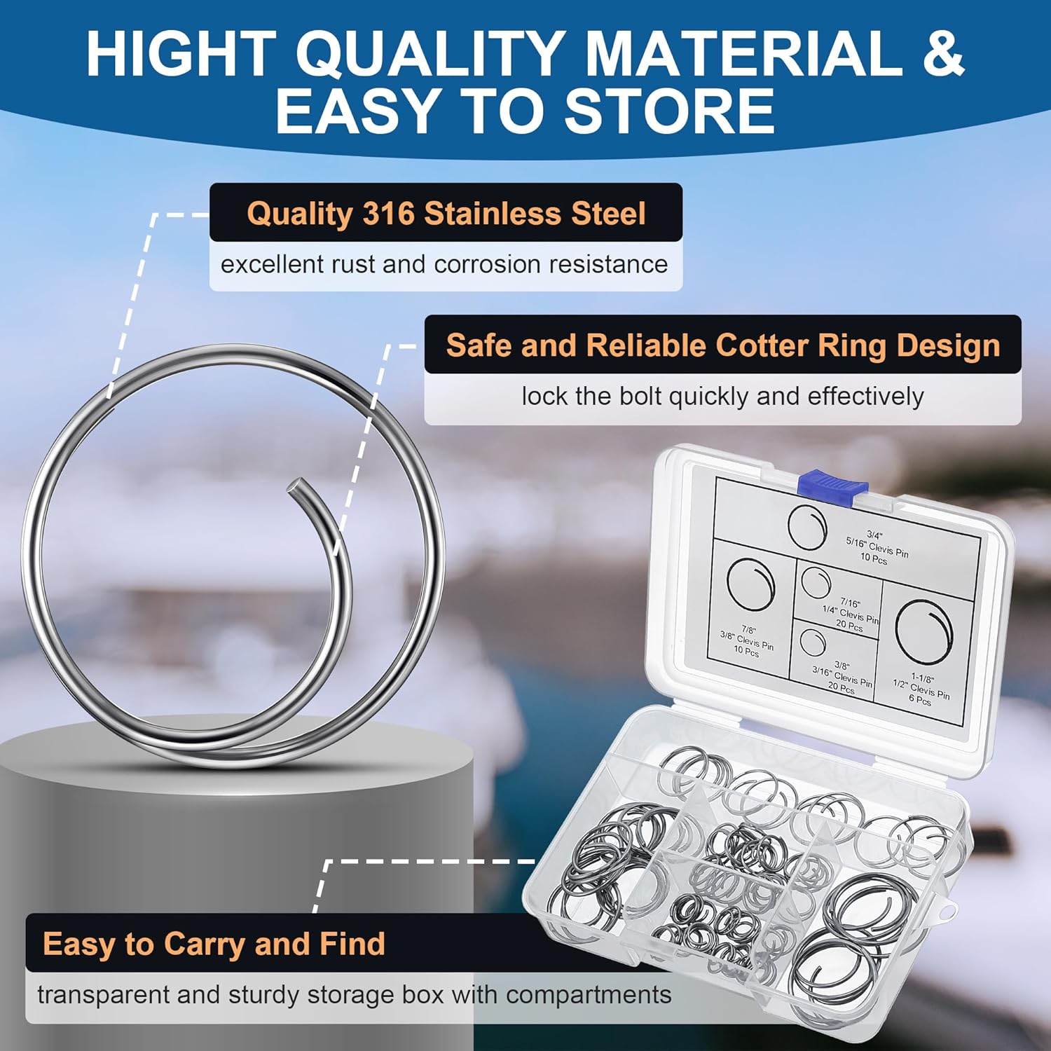 66 Pcs 5 Sizes Stainless Steel Cotter Ring Kit, Durable 316 Stainless Steel Split Rings Secure Popular Sizes of Clevis Pins, Corrosion Resistant Marine Hardware for Hitch Pin Lock Systems