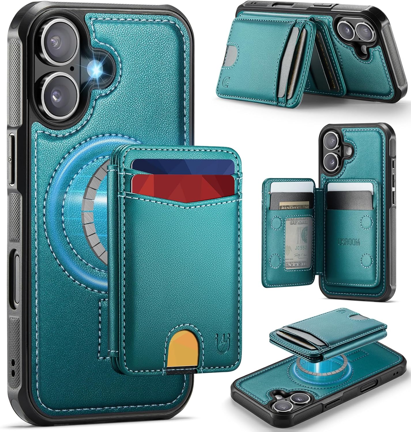 for iPhone 17 Wallet Case Compatible with Magsafe, Magnetic RFID Blocking Card Holder Kickstand 2 in 1 Detachable Case for iPhone 17 6.3", Bluish Green