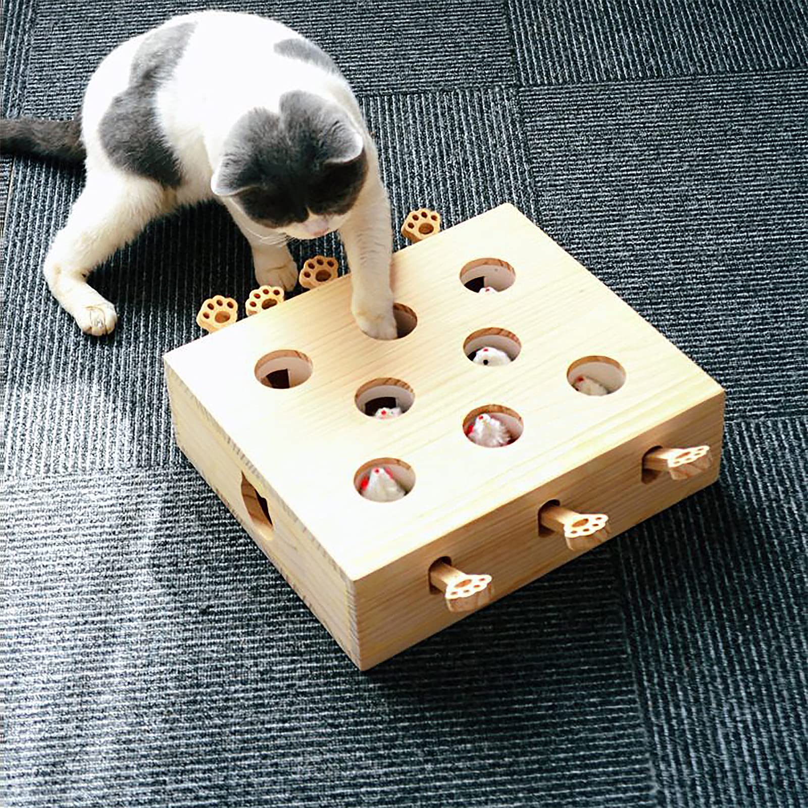 Whack-A-Mole - Giocattolo interattivo in legno per gatti, gioco coinvolgente e durevole per gatti e gattini, mantiene gli animali domestici intrattenuti e stimolati, design in legno naturale, perfetto