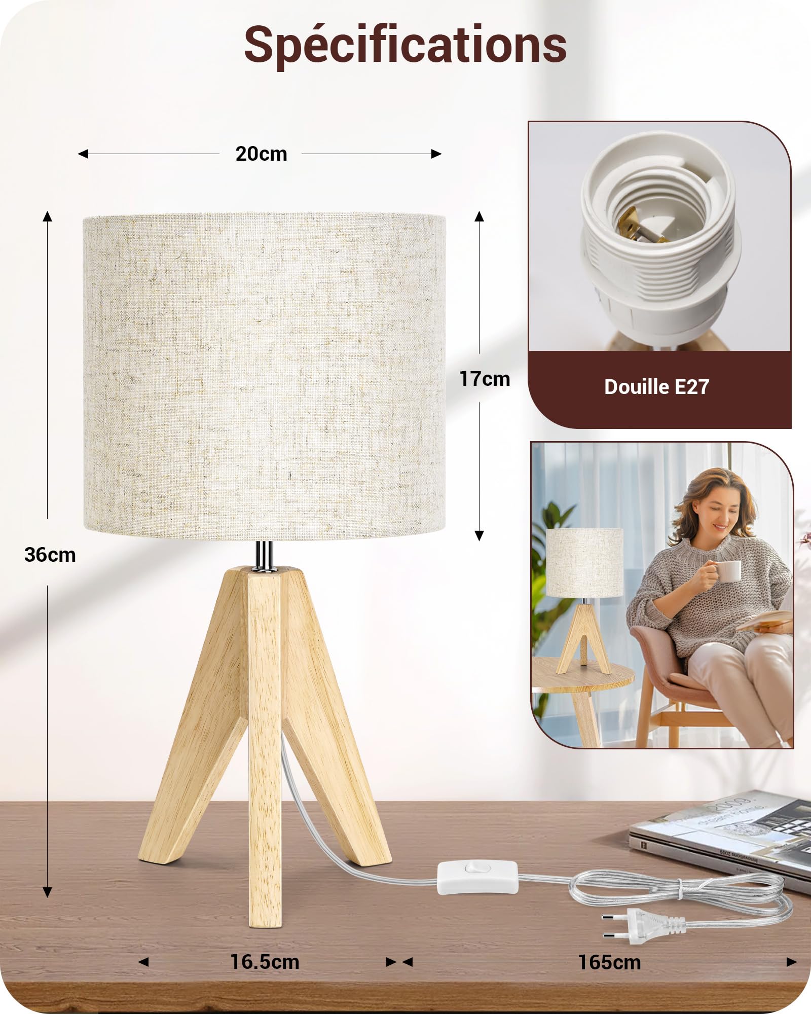EDISHINE Lampe de Chevet Lot de 2, E27 Douille, Trépied Vintage, Ampoule Incluse, 36 x 20 x 20 cm, Lampe de Table en Bois pour Chambre à Coucher, Salon, Hôtel, Abat-jour en Lin Beige
