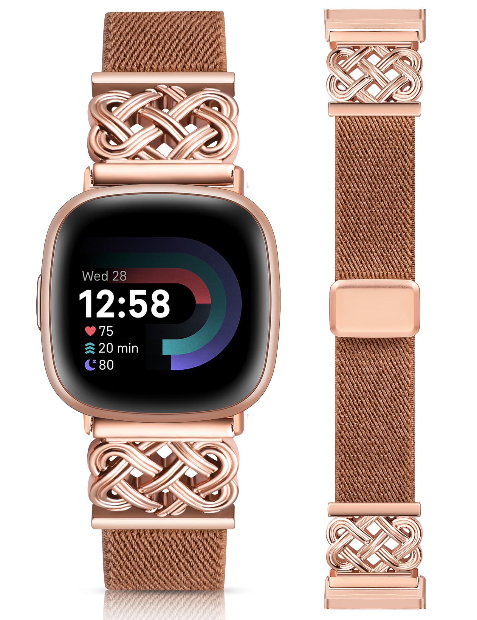 Photo 1 of Minyee Magnetic Stretchy Band Compatible with Fitbit Versa 4/3/Fitbit Sense 2/1 Watch Bands Women Men, Celtic Knot Soft Elastic Nylon Fabric Dressy Cute Strap for Versa 3 4 Sense 2 Watch, Brown