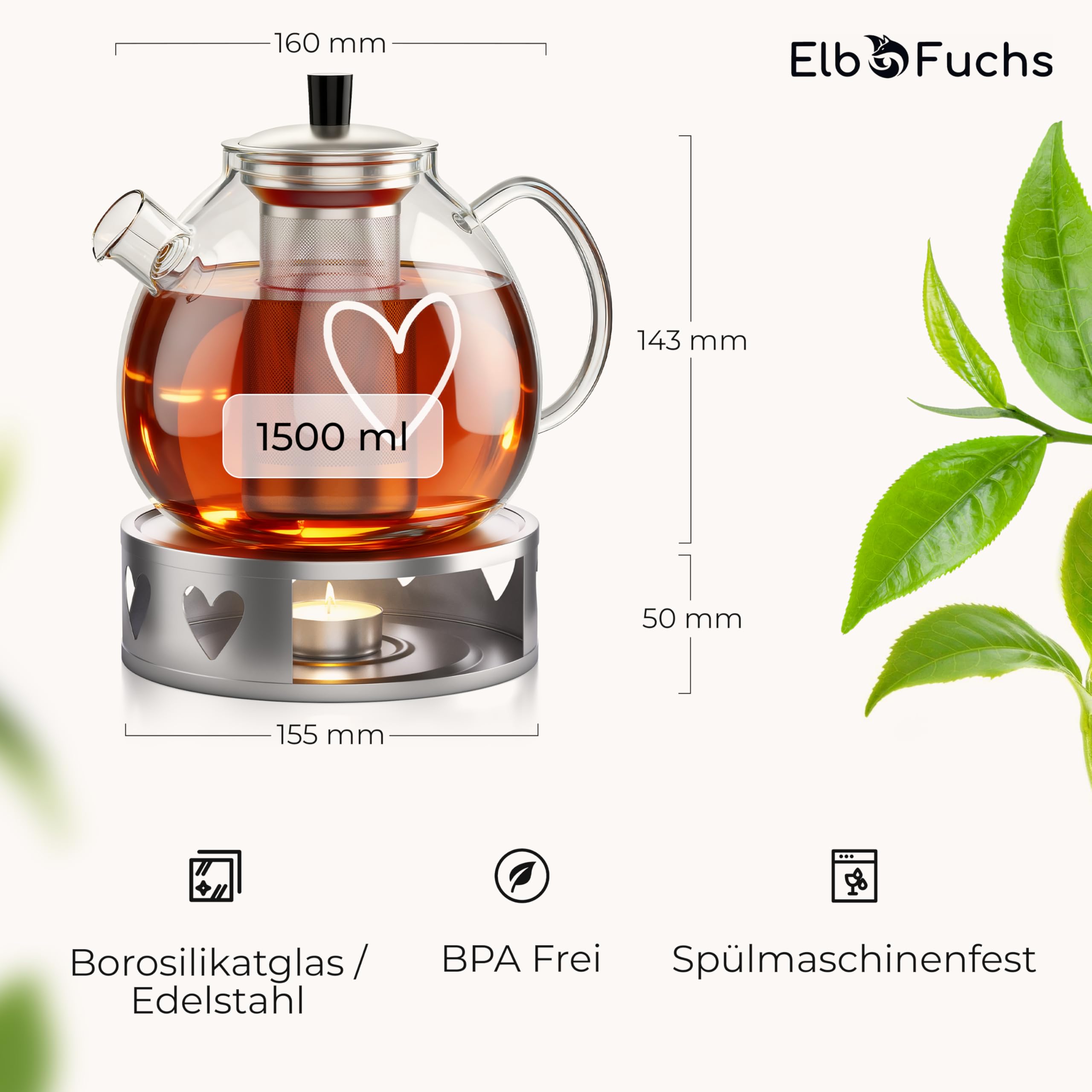 ElbFuchs® Doppelwandige Teegläser 4x 350ml & Teekanne 1,5 Liter mit Stövchen PARIS | GESCHENKIDEE mit HERZ | Kristallklare Thermogläser doppelwandig | Ideal als Teeservice