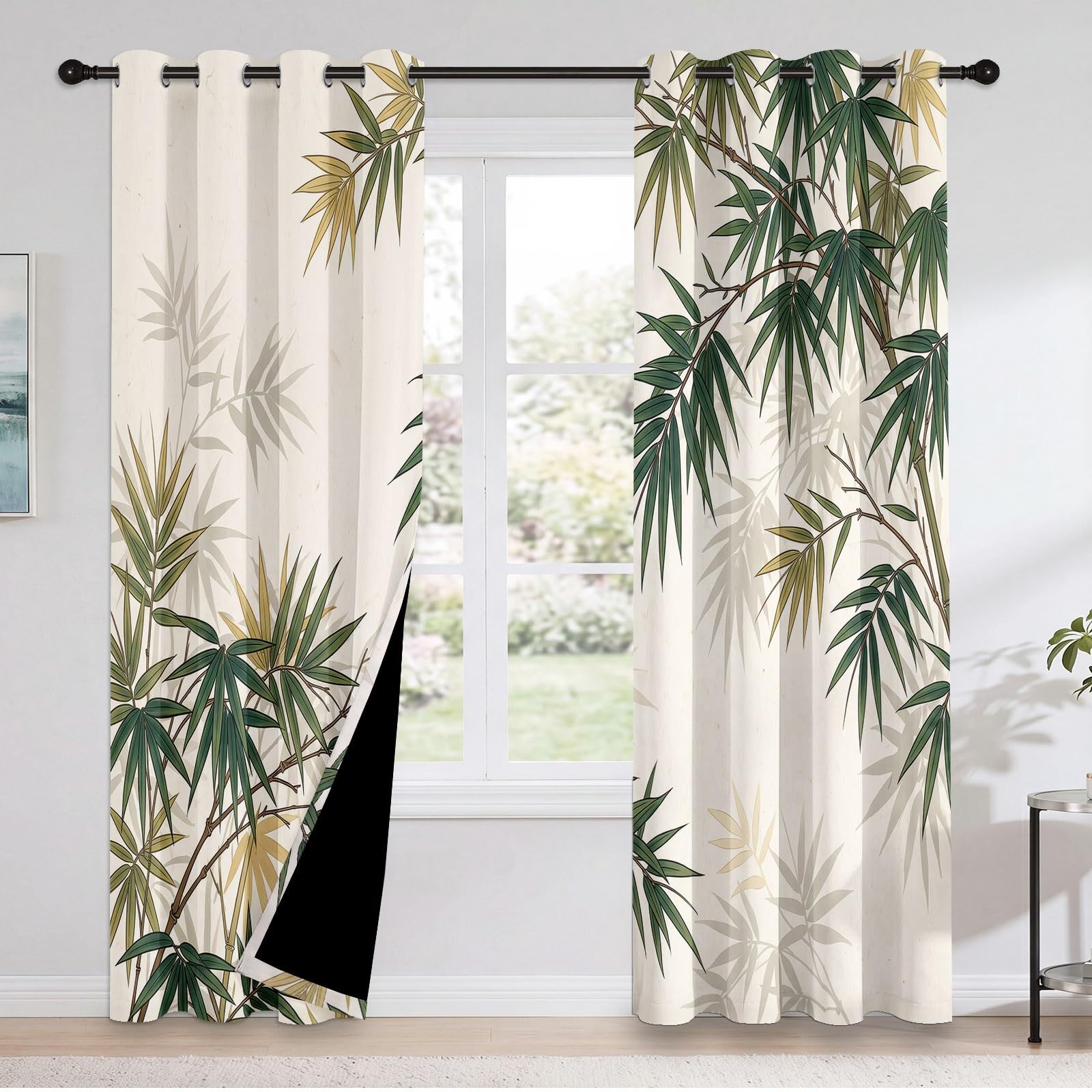 Rideaux Occultants Imprimés Motif Feuille De Bambou Chinois, Rideaux de Chambre à Plantes Et Fleurs, Style Œillets, Adaptés Aux Chambres et Bureau À Domicile, 75L X 166H cm (2 Panneaux), Vert