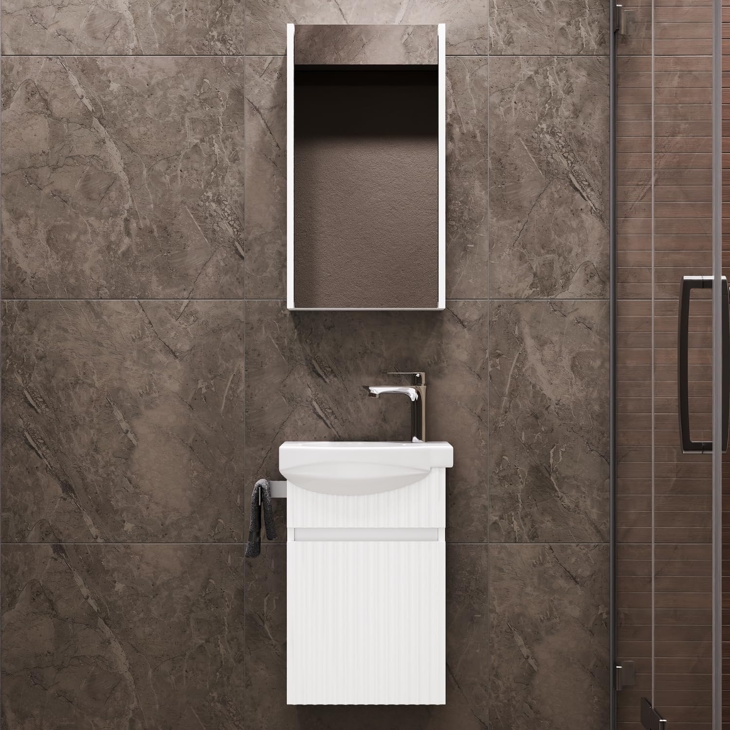 Planetmöbel Lavabo con mobiletto, 40 cm, con lavabo in ceramica e armadietto a specchio, set di mobili da bagno, bianco opaco