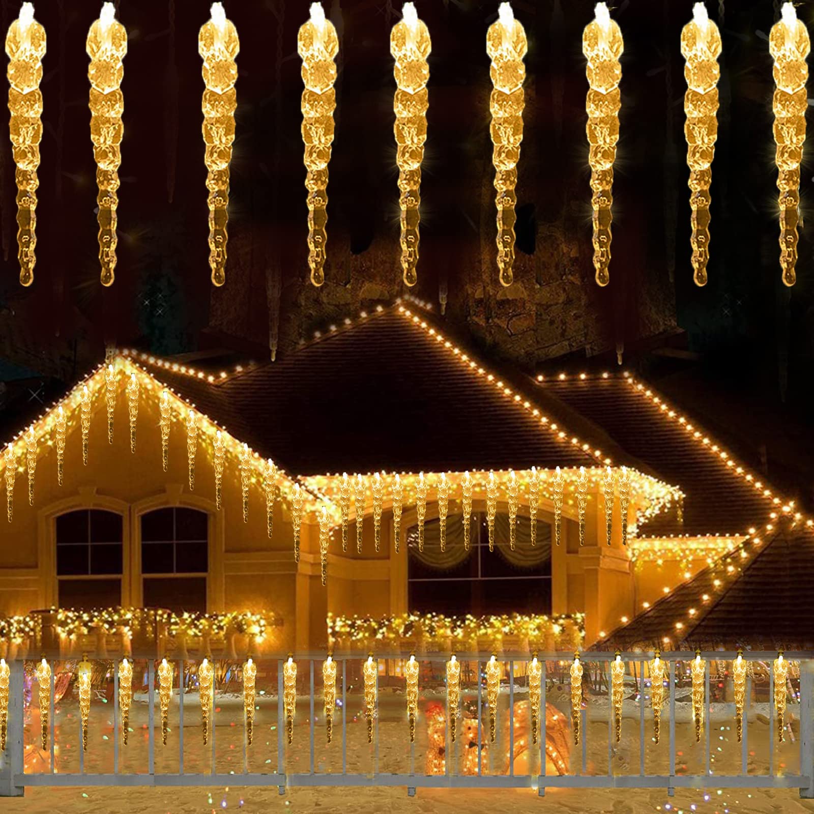 KINGCOO 100LED Solar Eiszapfen Lichter Garten, Wasserdicht 10M/32Ft Eiskegel Tropfen Fenster Dekorative Fee Lichterketten 8Mode für Außen Innen Weihnachten Hochzeit Party Beleuchtung (Warmweiß)