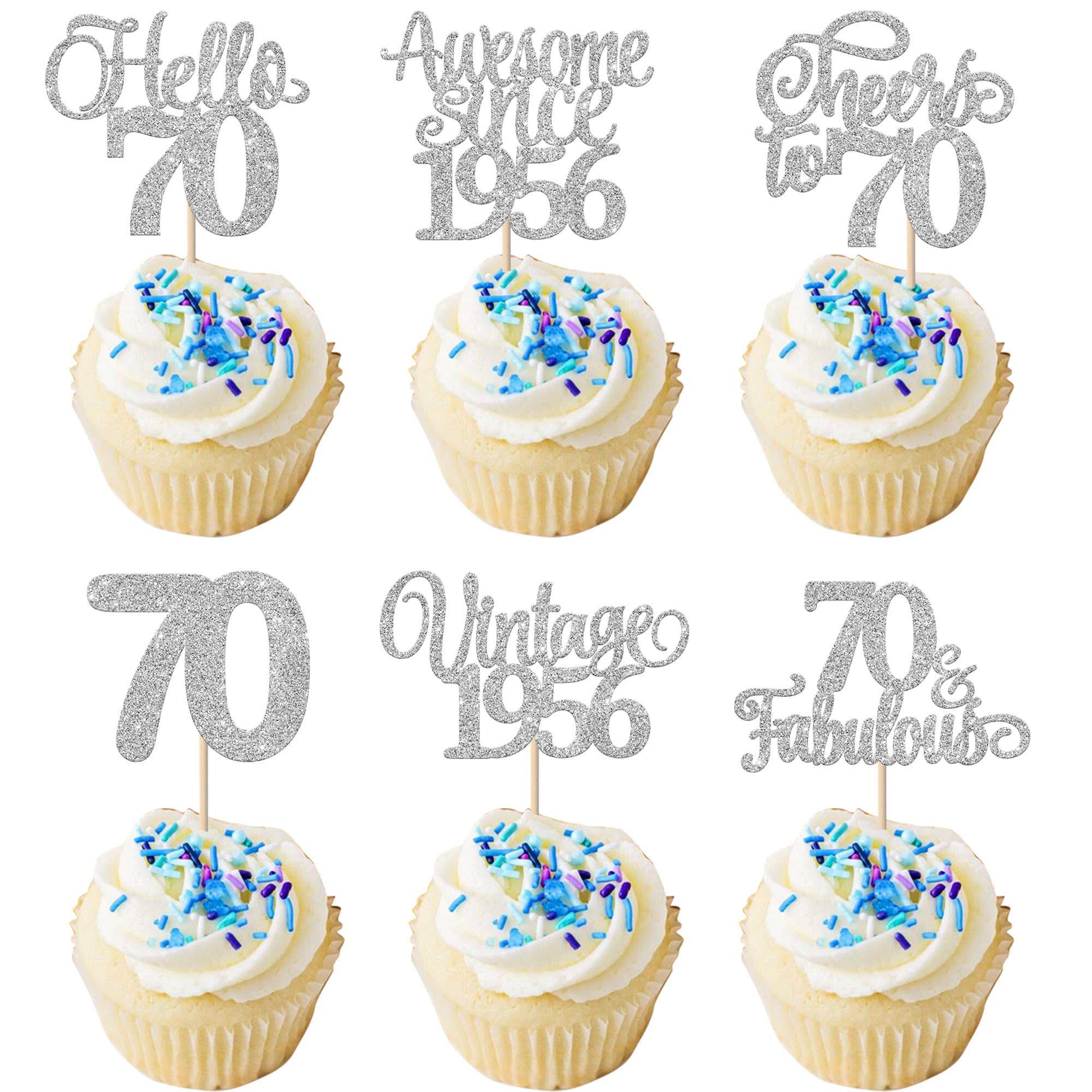 Xsstarmi 24 Pack Vintage 1956 Cupcake Toppers Glitter Silver Hello 70 Fabulous Seventy Cupcake Picks Cheers to 70 Years Birthday Cake Decorations for Happy 70th Birthday Anniversary Party Supplies