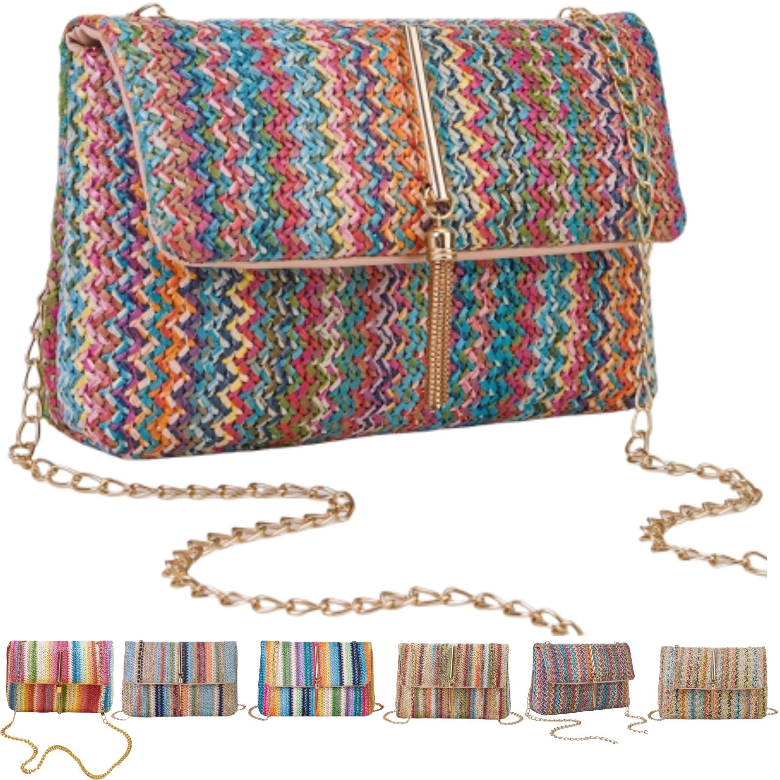 VTYFRY Straw Crossbody Bags for Women Trendy Fashion Tassel Decorated Summer Beach Casual Striped Pattern Flap Shoulder Bag