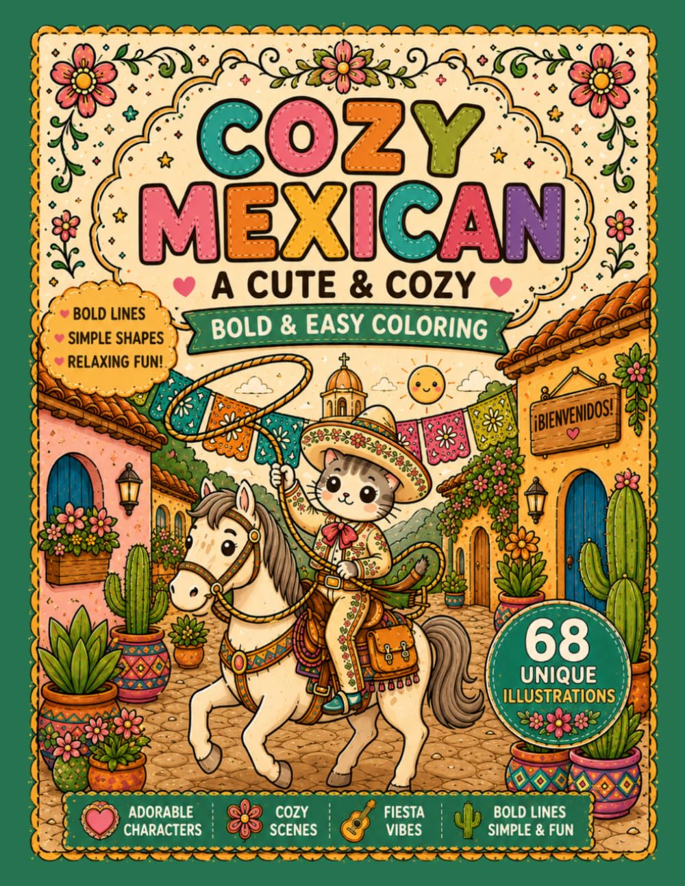 Cozy Mexico - A Cute & Cozy Bold & Easy Coloring Book for Kids & Adults: Coloring Pages Inspired by Mexican Culture, Traditional Food, Cozy Streets Stress Relief