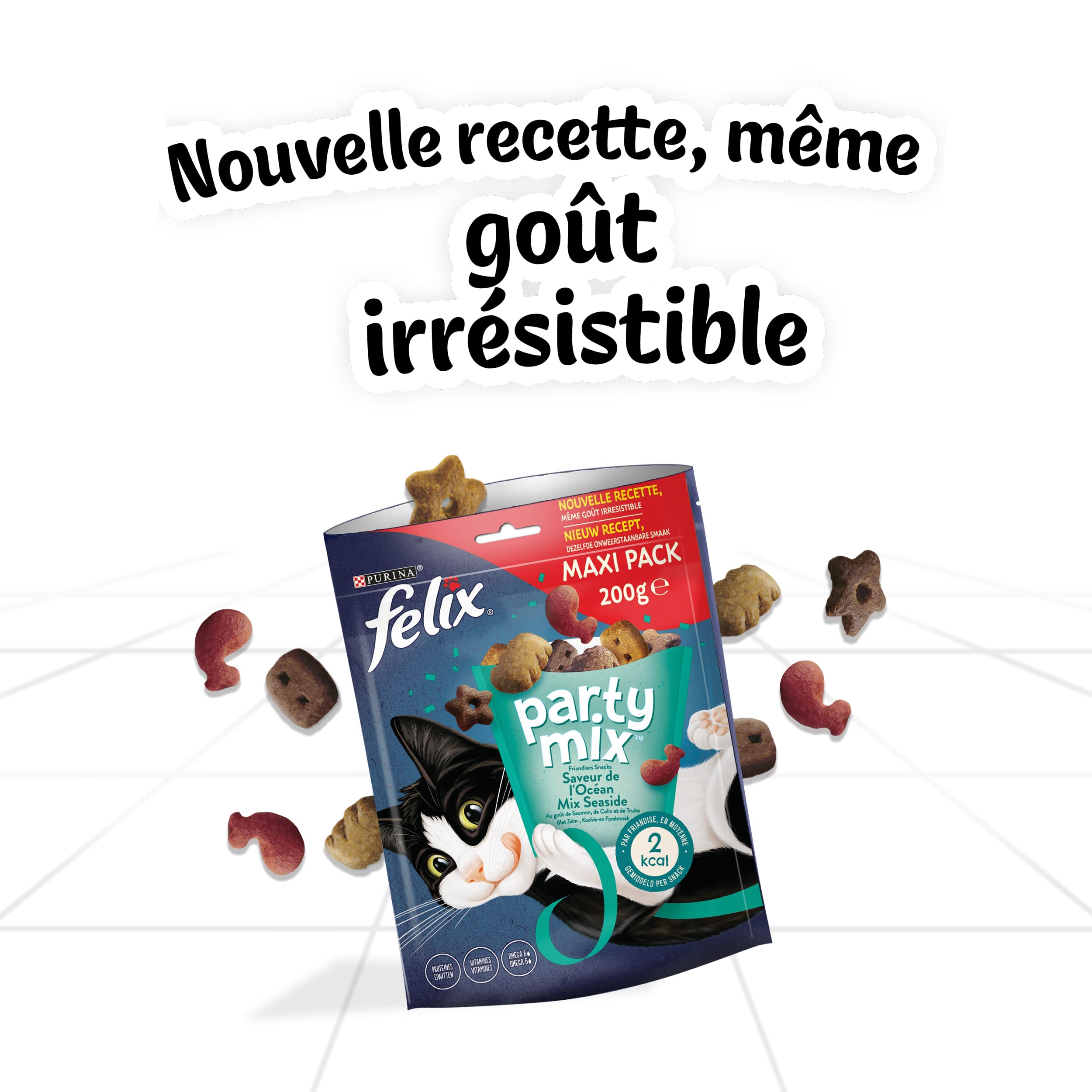 Felix | Party Mix | Friandises pour Chat Adulte | Riches en protéines, vitamines, acides Gras et oméga 6 | Saveur de l'Océan au goût irrésistible : Saumon, Colin, Truite | Sac | Lot de 5 x 200g