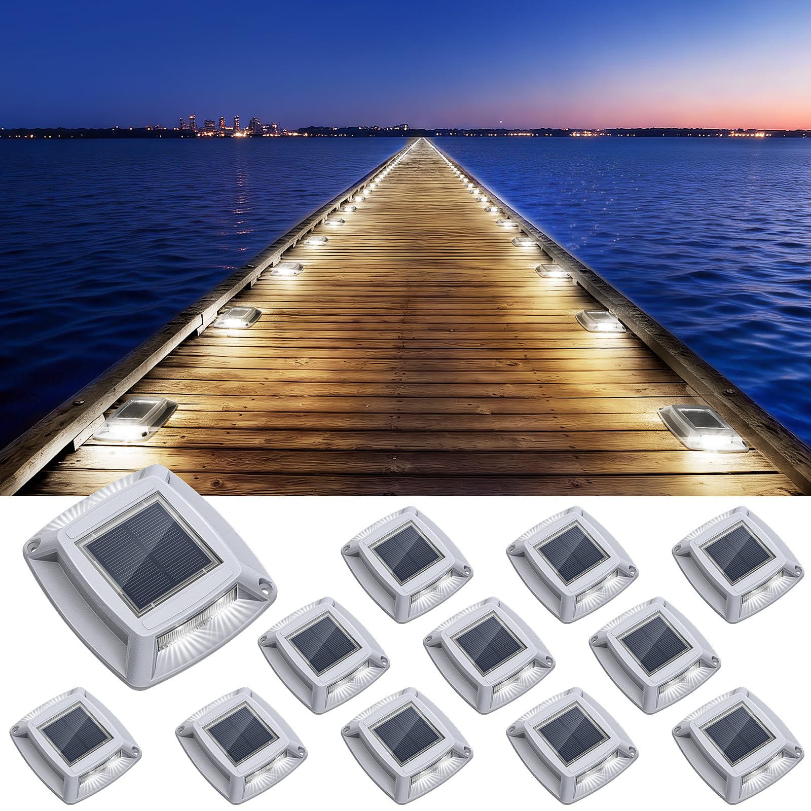 Etetale Solar Driveway Lights Outdoor 12 Pack, IP68 LED Solar Powered Waterproof Driveway Marker Deck Dock Lights for Dock Step Pathway Walkway Sidewalk Garden Yard Stair Marine (White)