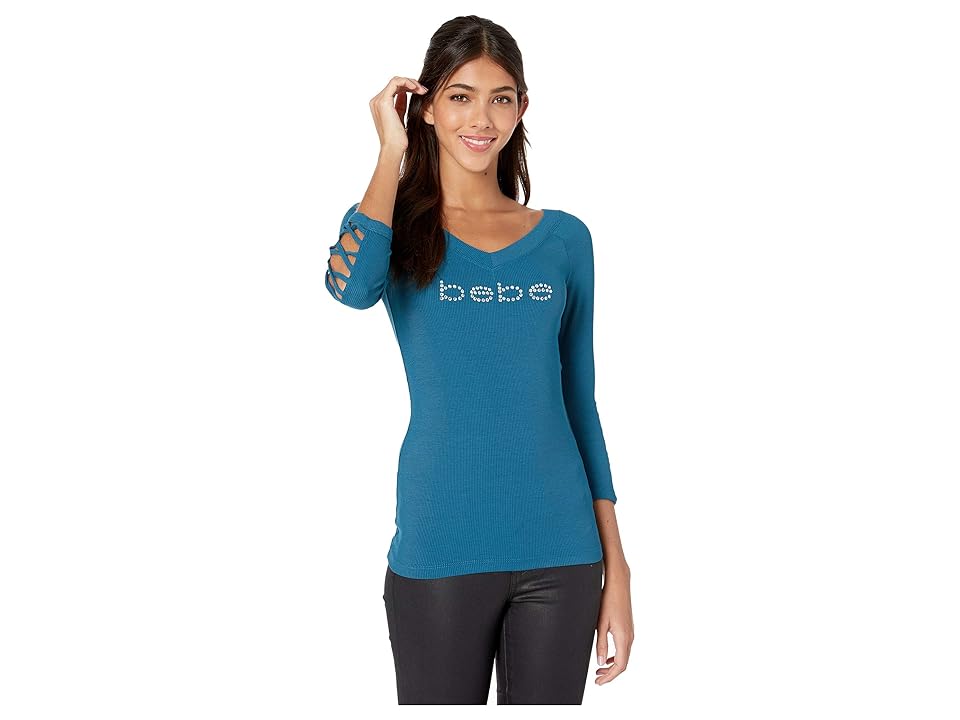 

Bebe Lacing 3/4 Sleeve Rib Tee (Moroccan Blue) Women's T Shirt