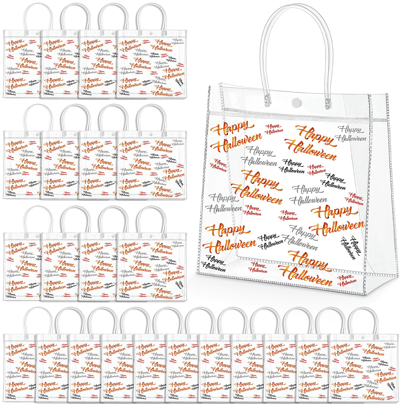 Kolldenn 24 Pcs Halloween Clear Plastic Gift Bags with Handle Trick or Treat PVC Pumpkin Goodie Candy Bags Reusable Tote Bag for Party Favor Gifts Supplies(Happy Halloween,9.84x 9.84x 3.54 Inch)