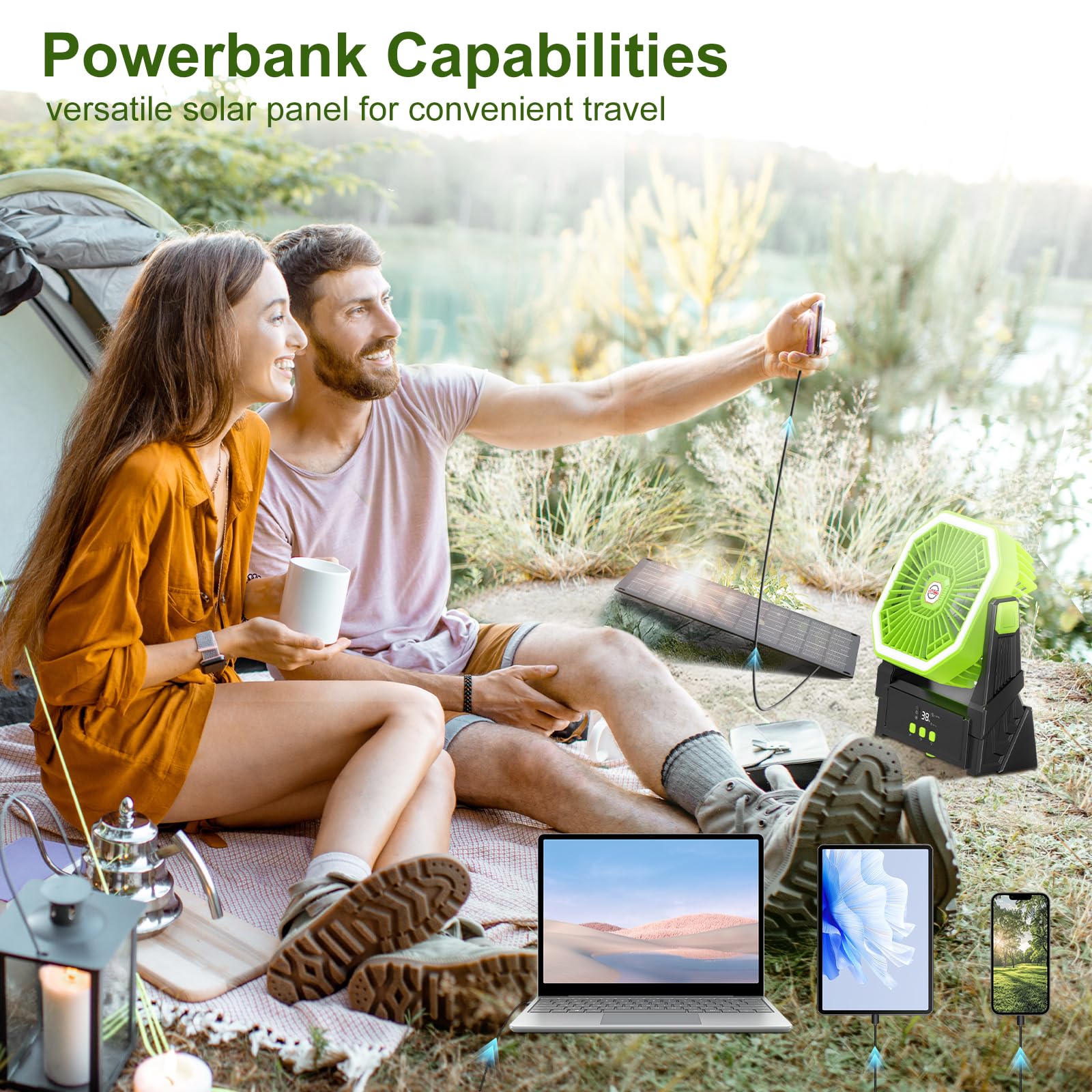 Astarama Ventilatore solare da 10000 mAh, ventilatore da campeggio con pannello solare e luce da 10 W, 4 velocità, funzionamento a batteria, con display LED, timer, gancio per appendere e regolabile a
