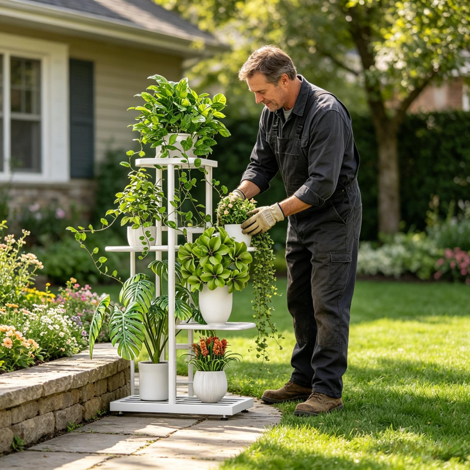 Supporto per piante da esterno a 4 ripiani in metallo resistente per vasi da fiori | Scaffale per piante per interni, giardino, patio, balcone, portico, pavimento, angolo soggiorno
