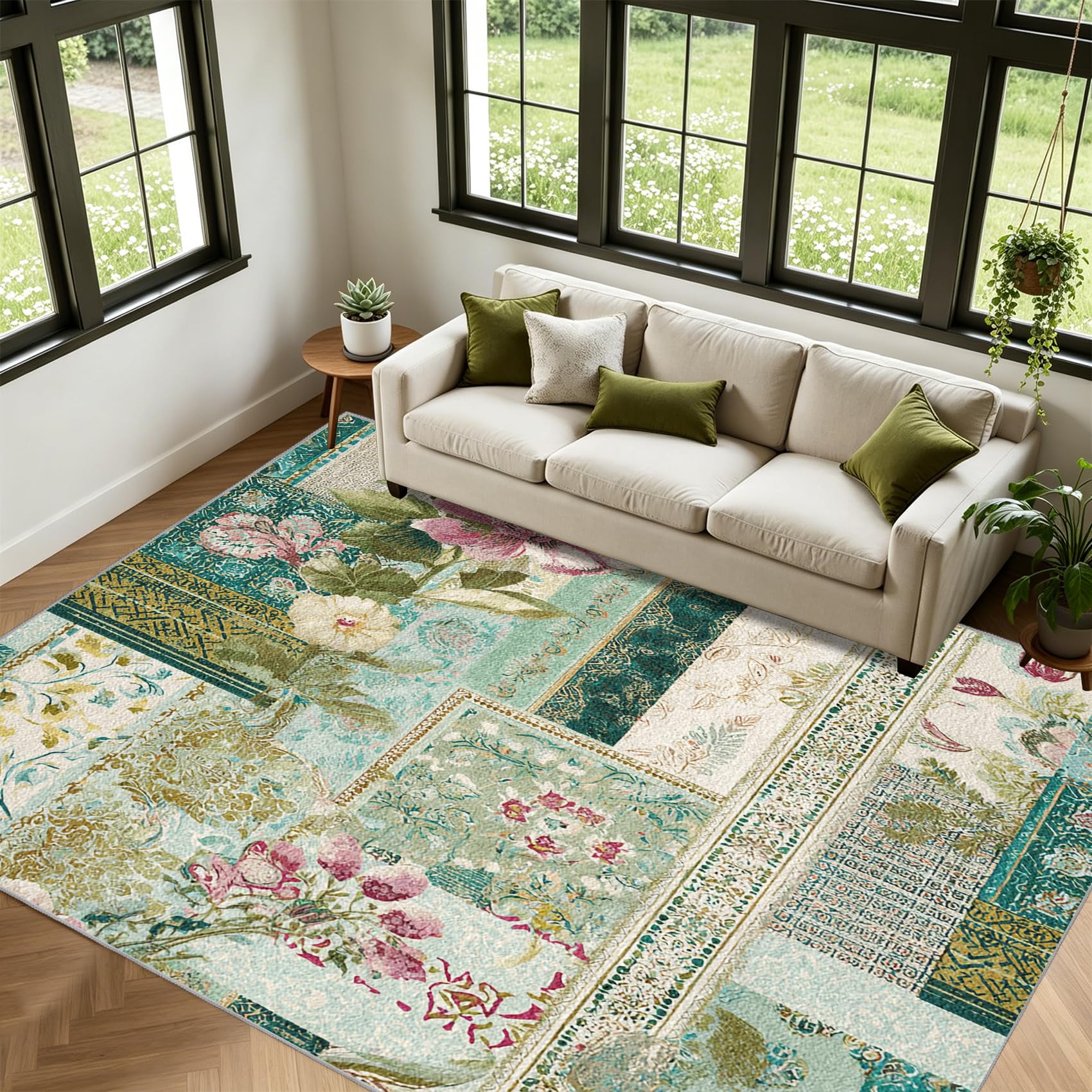 Générique Vert Sauge Tapis Patchwork Carré Salon 100x150 cm | Tapis Chambre Lavable Antidérapant Poil Court, Moquette Motif, Décoration Carpet