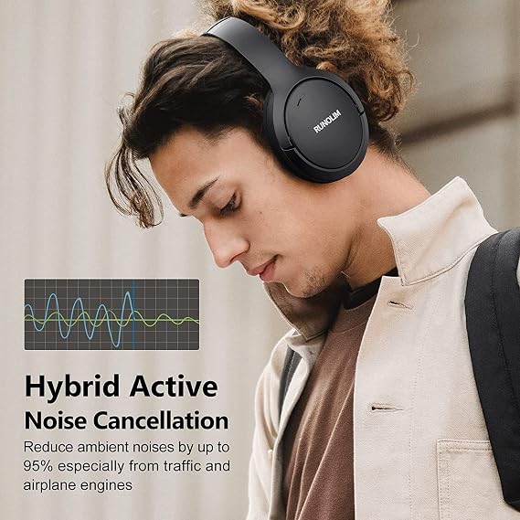 RUNOLIM Active Noise Cancelling Headphones, Wireless Bluetooth Over Ear