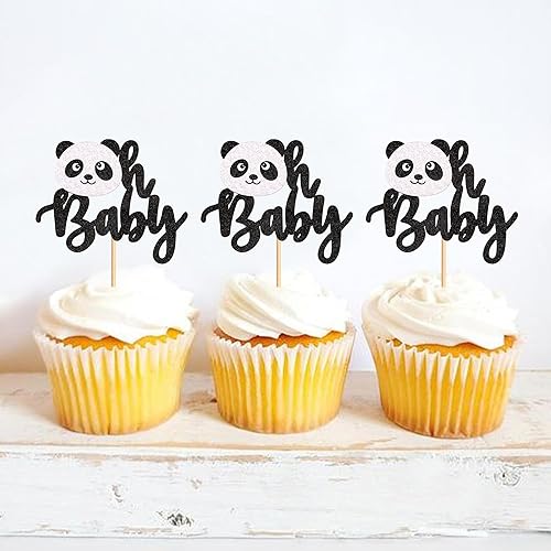 Miniatura 3 de Ercadio Paquete de 24 adornos para cupcakes de Panda Oh Baby con purpurina negra Panda Oh Baby con panda, para cupcakes temáticos de panda, baby