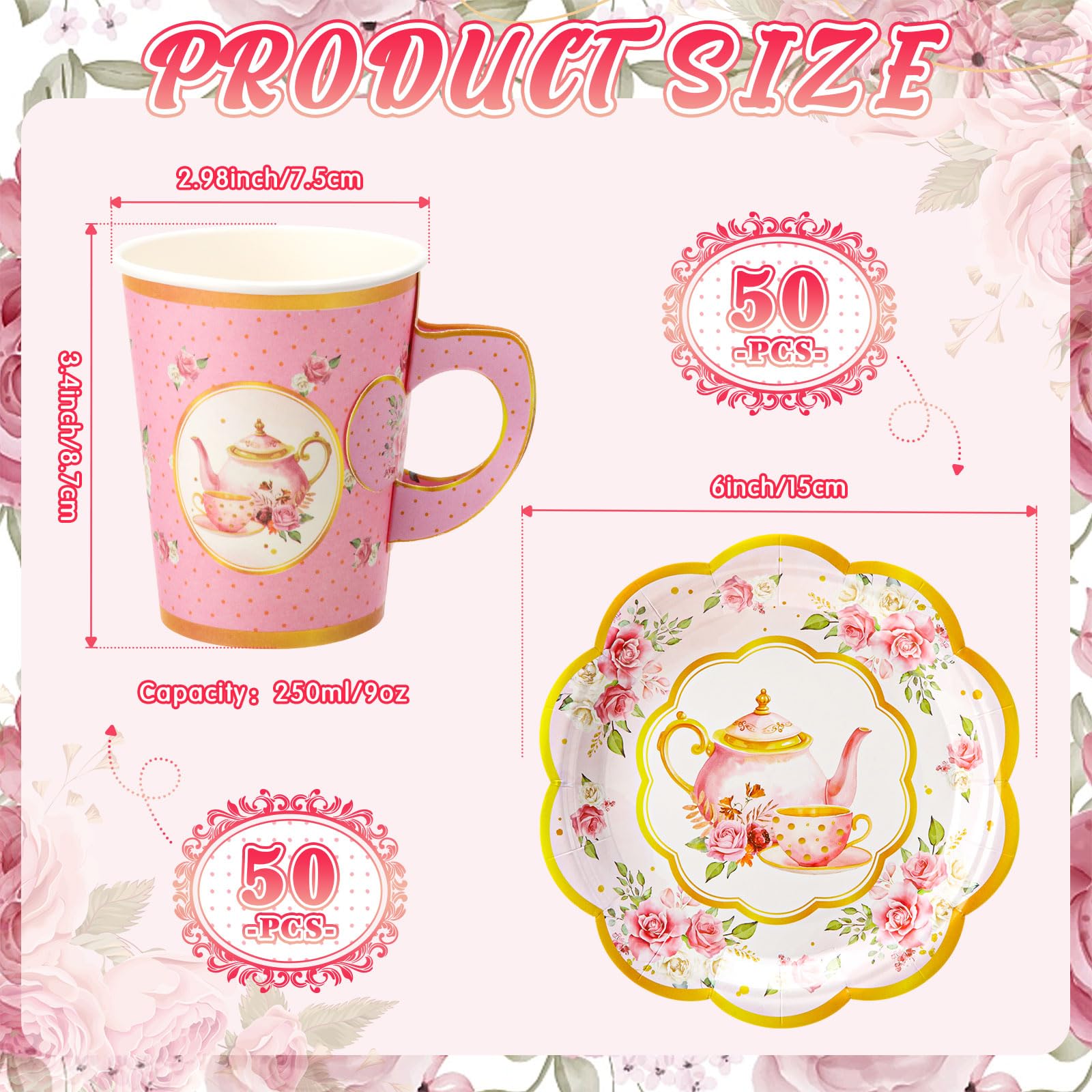 Tioncy 100 Pcs Tea Party Decorations Include 50 Pieces 9 oz Paper Tea Cups with Handle and 50 Plates Disposable Teacups and Saucers Sets for Birthday(Teapot)