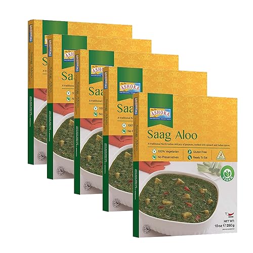 Ashoka Meals 1932, espinacas y papas veganas, totalmente naturales, para calentar y servir comida india apta para microondas, Saag Aloo, certificado