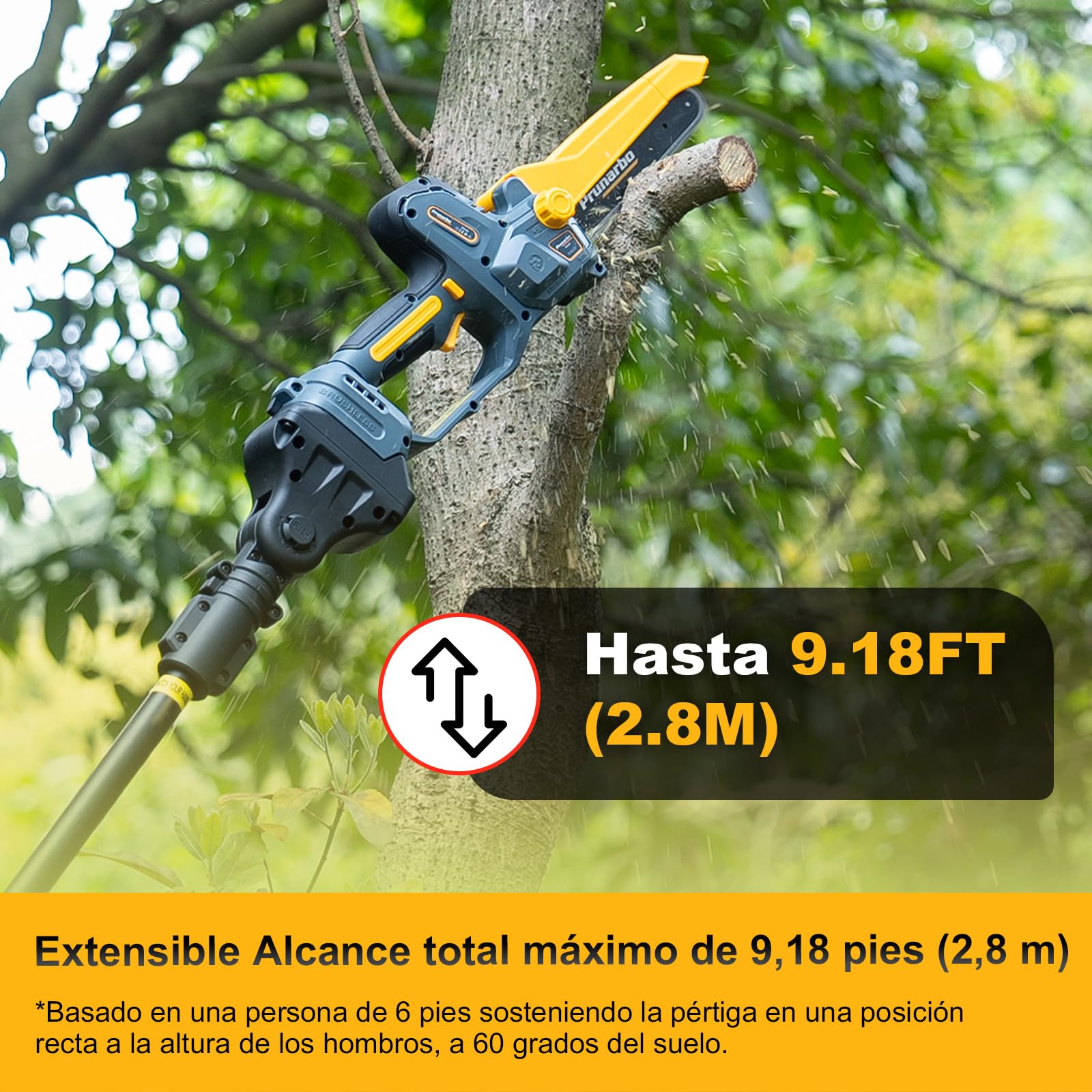 Sierra de Pértiga 2 en 1 con Mini Motosierra de 8 Pulgadas | Motor Sin Escobillas, Engrase Automático, Cabezal Ajustable 180°, Alcance Hasta 2,5 m Con Dos Baterías De 4,0 Ah