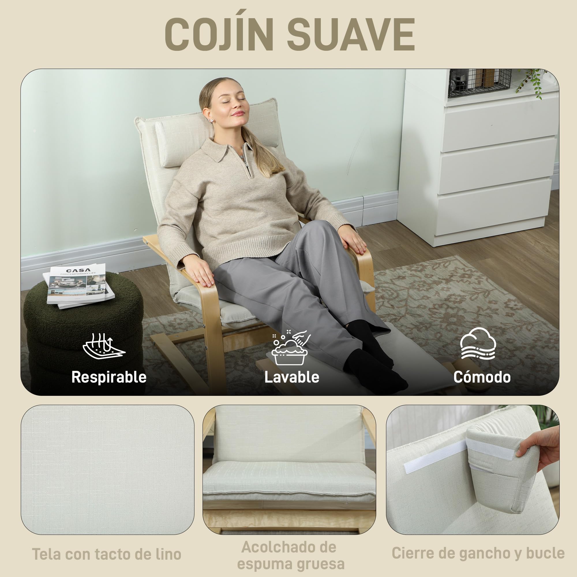 HOMCOM Sillón con Reposapiés Sillón Lectura con Respaldo Alto Reposacabezas Extraíble Patas de Madera y Tapizado en Lino Butaca para Salón Dormitorio Oficina Crema