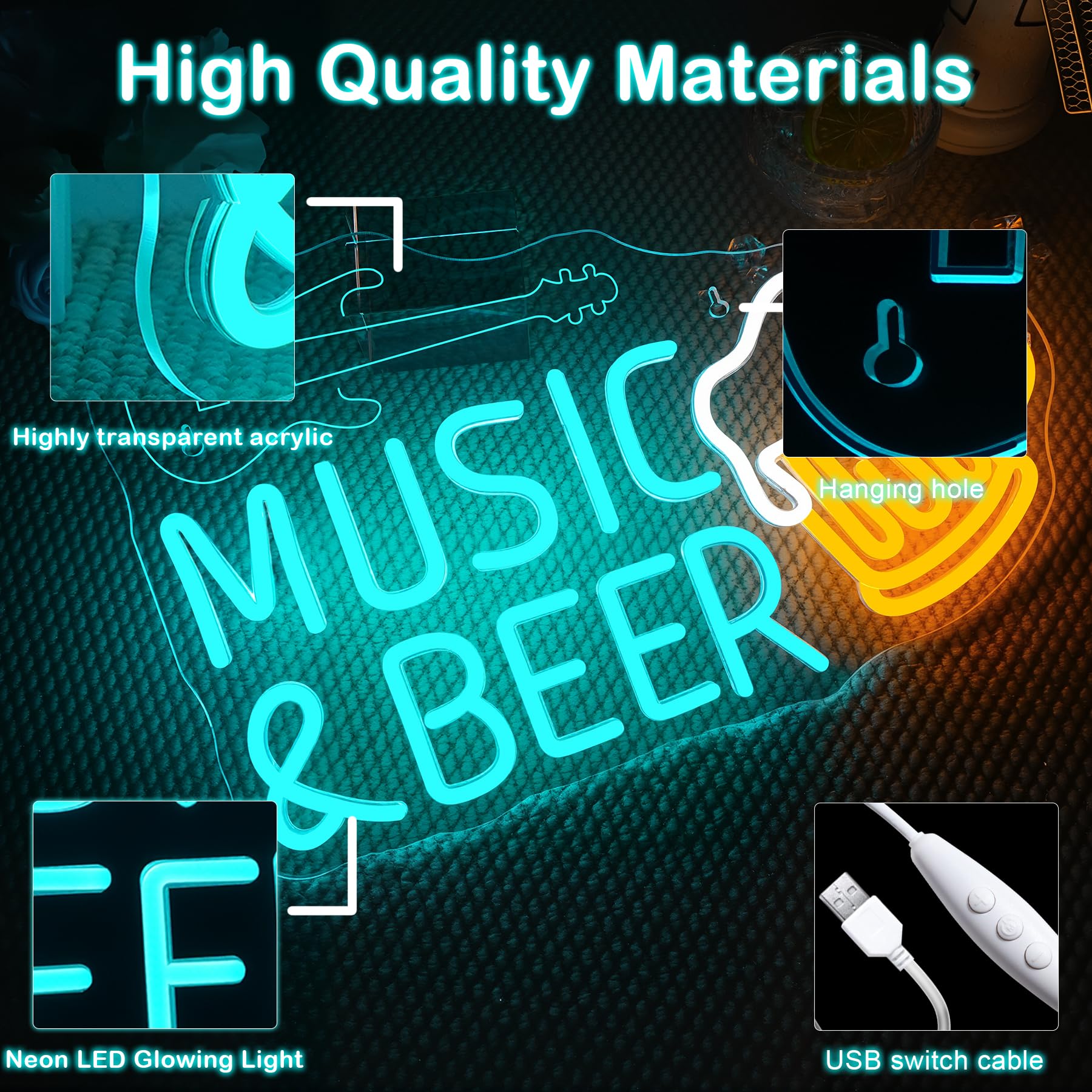 VYXIN Music Beer Neon Sign, Beer Guitar LED Sign - Image 4