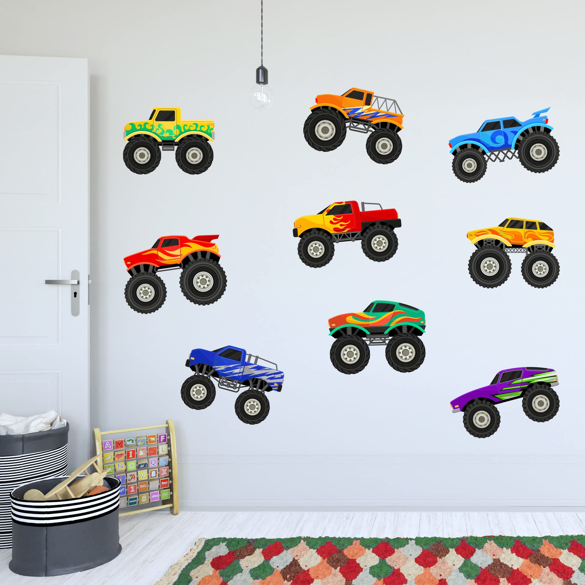 Themed Monster Truck Wall Sticker - 9 Trucks Wall Decal Set Kids Art (60Cm Width X 30Cm Height)