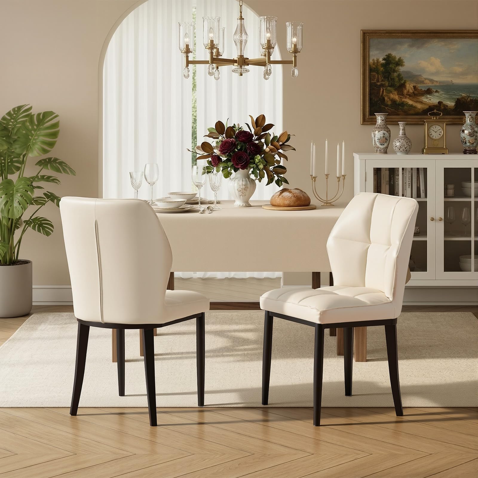 Bekrvio Dining Chairs Set of 2, Kitchen Chairs With Checkered Backrest, Upholstered in Faux Leather, with Metal Frame, Modern Style, for Dining Room, Kitchen, Living Room（Load 150KG