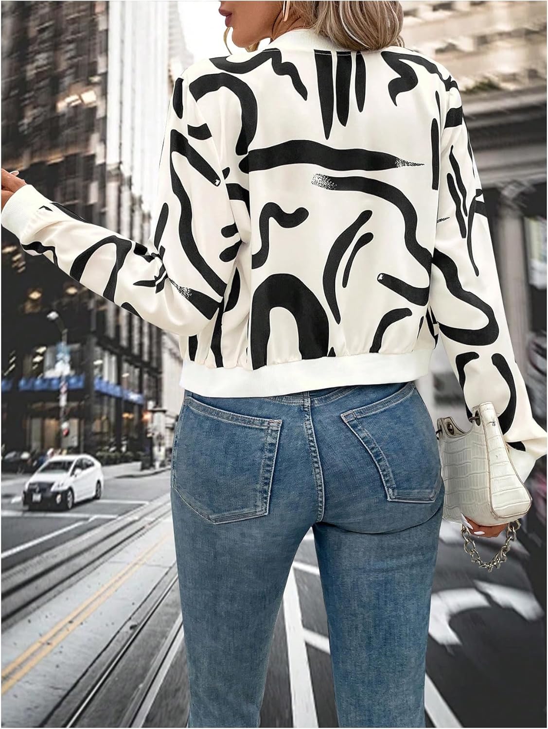 OYOANGLE Women's Printed Zip Up Bomber Jacket Long Sleeve Baseball Collar Crop Coat Outerwear - Image 3