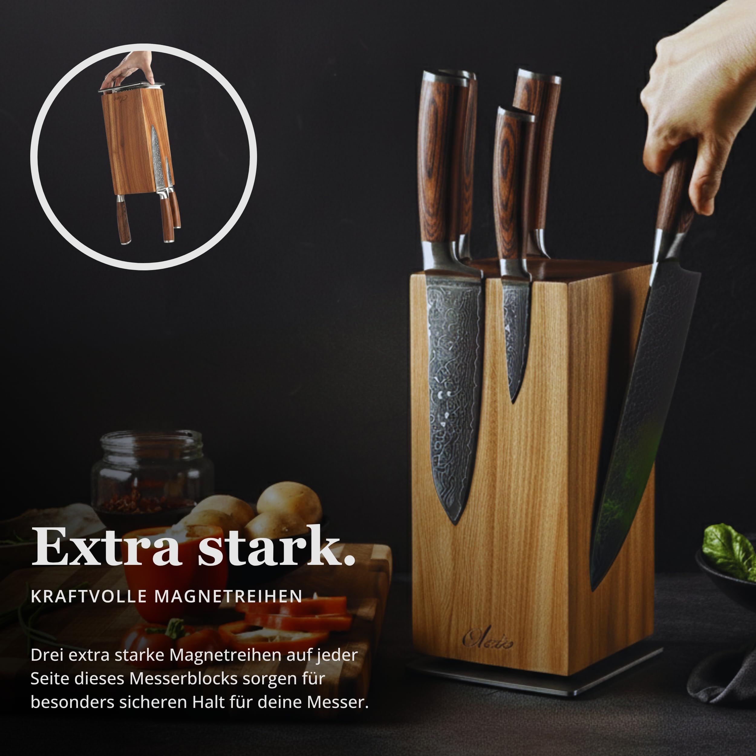 OLEIO Maestro Messerblock magnetisch 360° drehbar Messerhalter aus massivem Akazienholz mit Edelstahlbasis und Kugellager, 3 Magnetreihen pro Seite, unbestückt für bis zu 8 Messer bis 26 cm Klingen