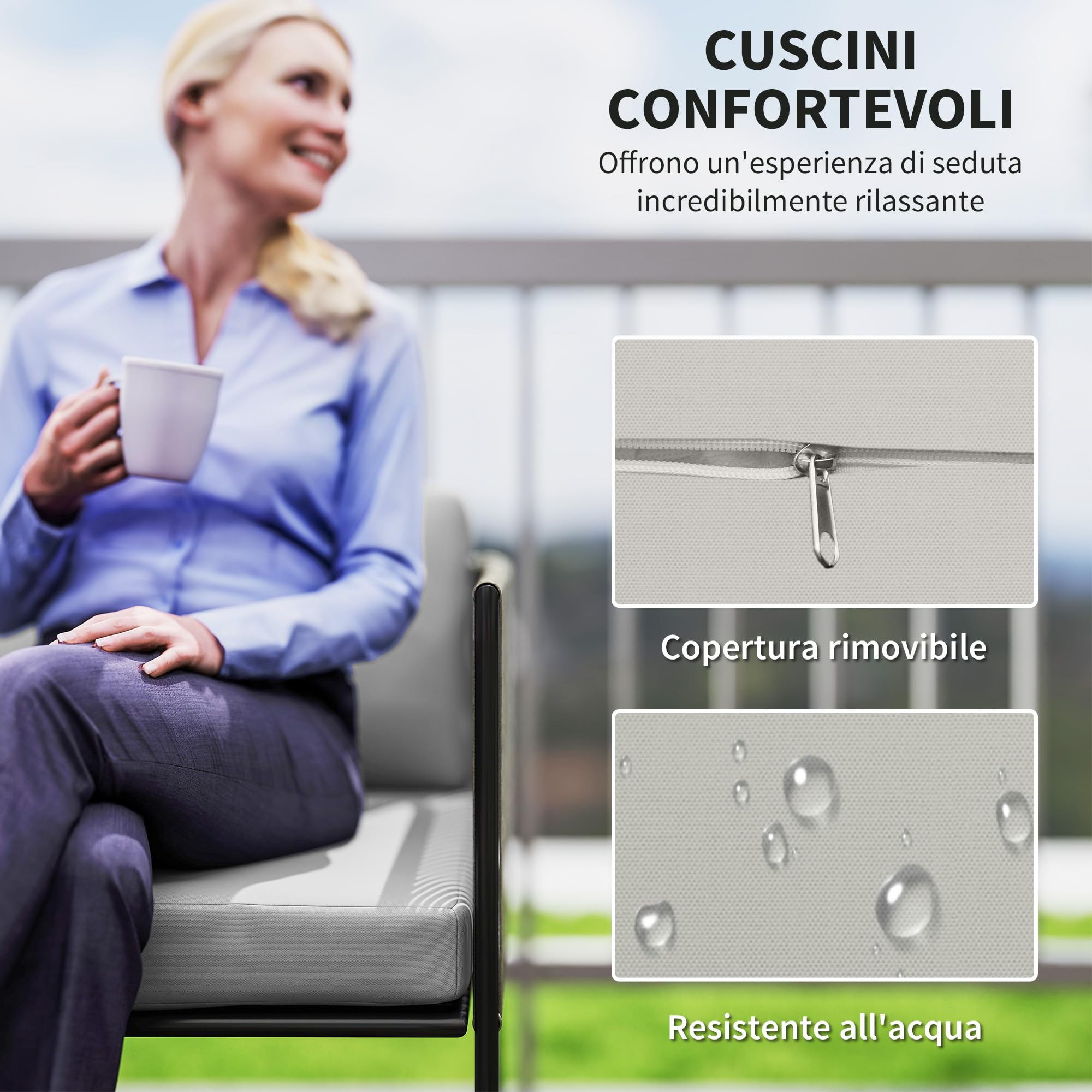 Outsunny Set di Mobili da Giardino in Rattan 4 Pezzi, Salotto da Esterno con Divanetto 2 Posti, 2 Poltrone, Tavolo da Caffè in Vetro e Cuscini Lavabili, Set Giardino Esterno in Acciaio, Grigio Chiaro