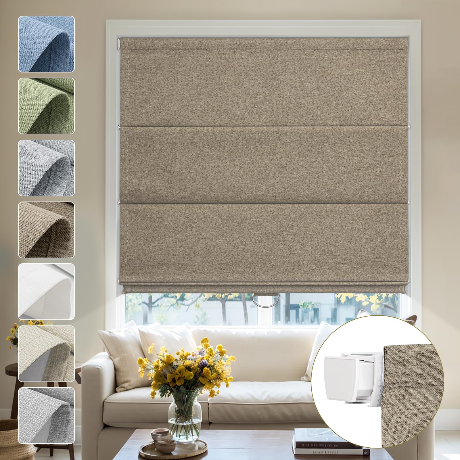 Moonice No Drill Roman Blinds for Windows Blackout Cordless Linen Roman Shades Elegant Fabric Shades for Indoor Windows,Thermal Insulated Tension Blinds for Bedroom Home Office,Sandy Brown
