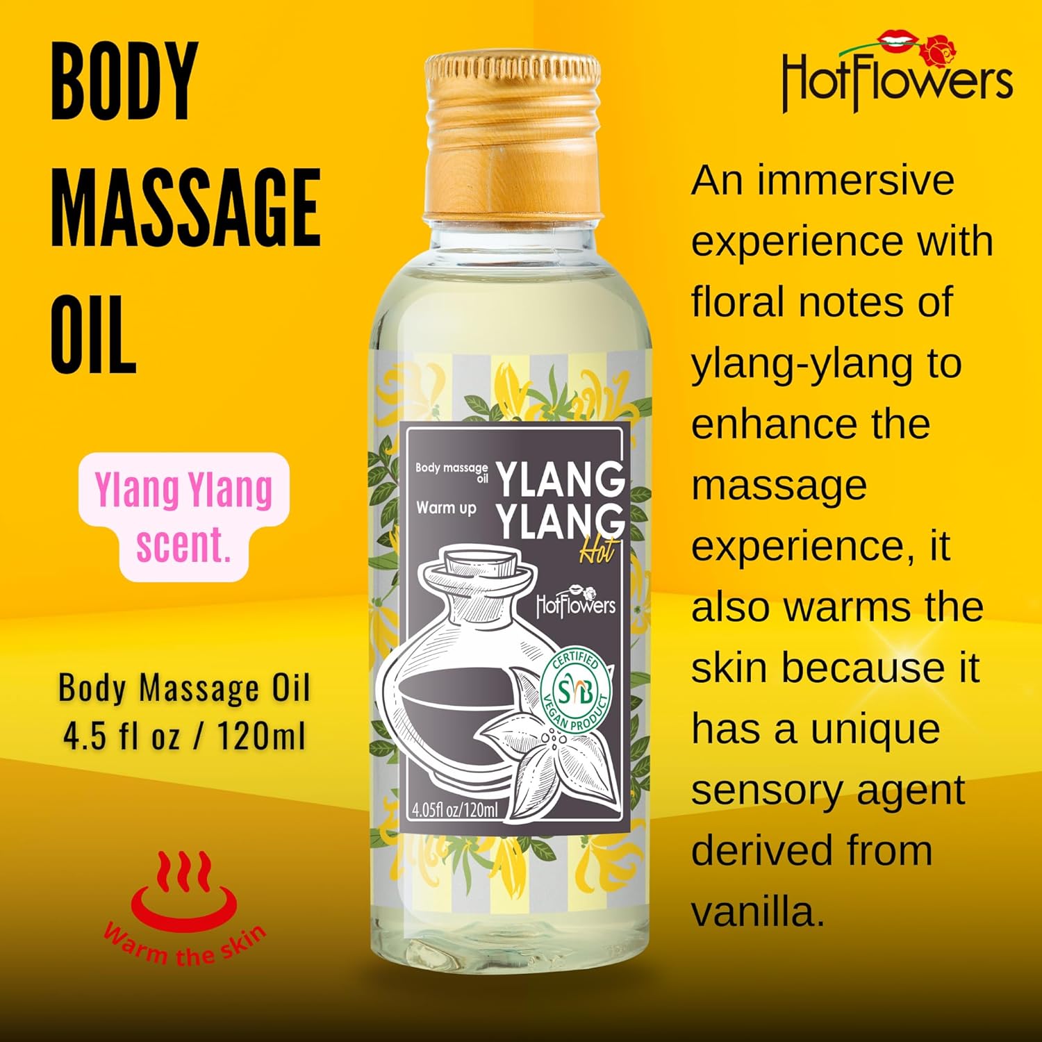 HOT FLOWERS Ylang-Ylang Body Massage Oil Set for Moisturizer and Nourish The Skin – Women and Couples - 4.5 fl oz - Image 3