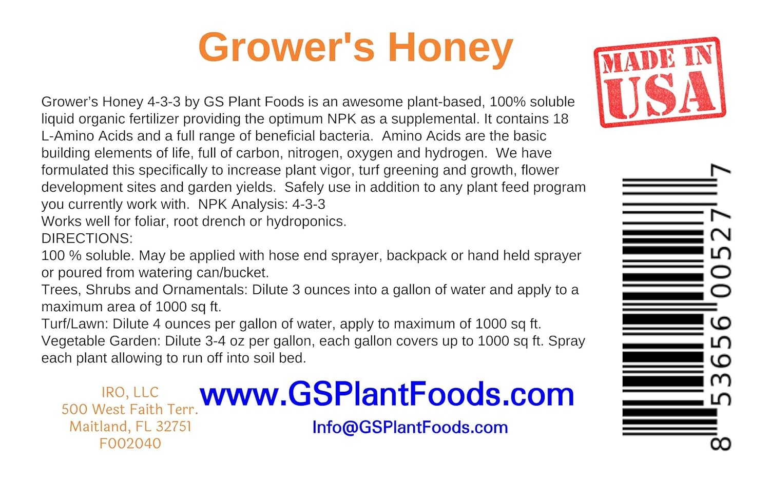 Grower’s Honey Plant Based Liquid Fertilizer - Organic Plant Food for Huge Vegetative Growth (1 Quart) - Liquid Fertilizer for Vegetables, Bigger Flowers and Jumbo Fruits