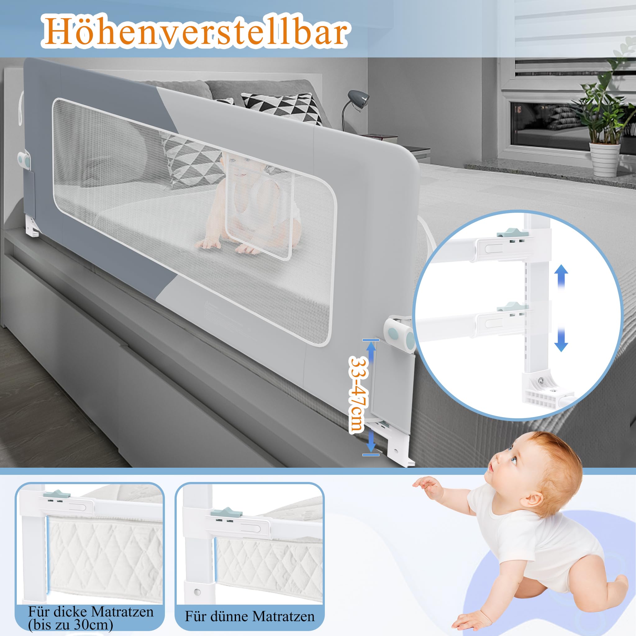 HENGMEI Zanzariera per letto da 150 cm, pieghevole a 180 gradi, rete traspirante regolabile in altezza (grigio + grigio chiaro)