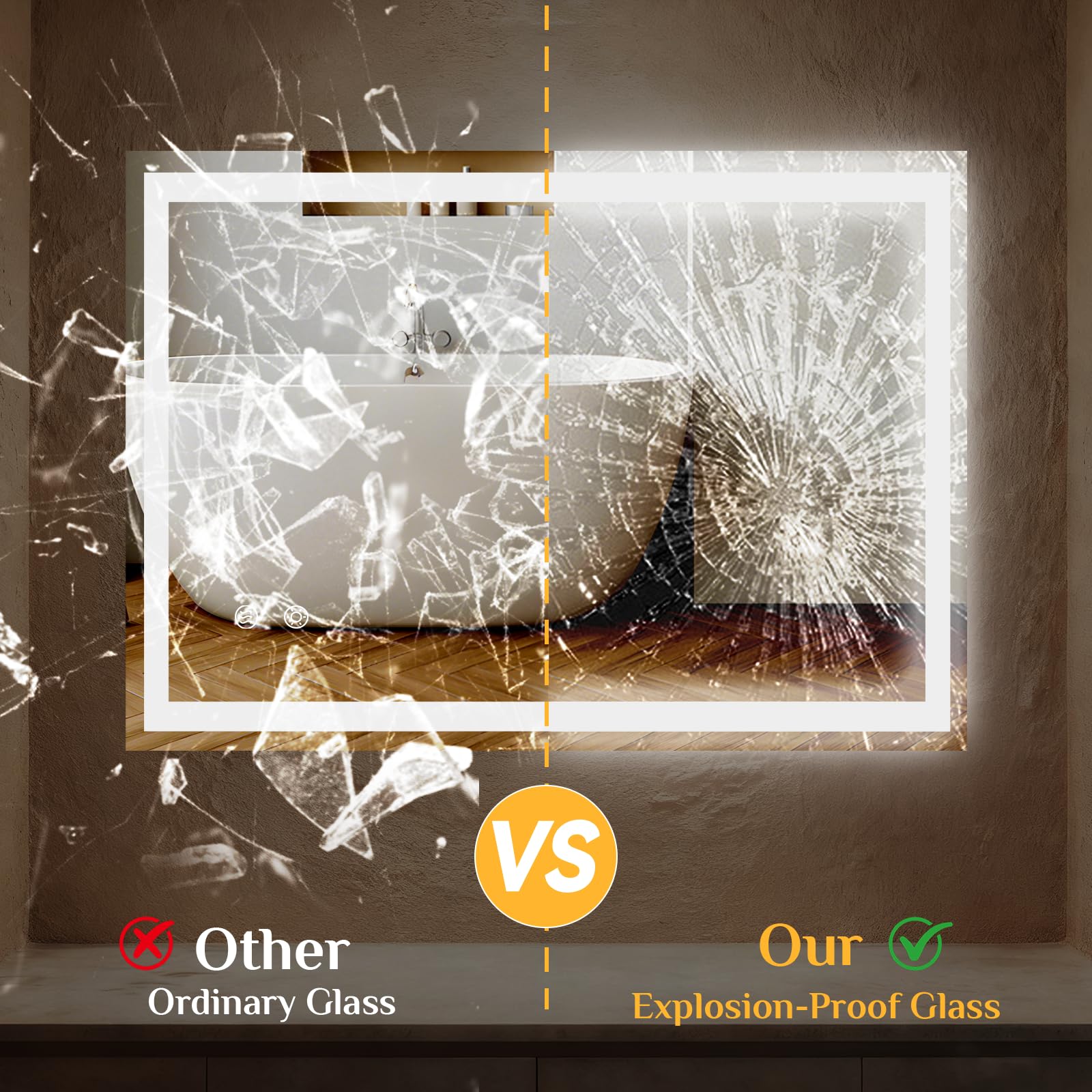 Clevich Badspiegel mit Beleuchtung 70×50 cm, LED Spiegel mit 3 Lichtfarben Dimmbar, Gehärtetes Glas Explosionsschutz, Touch-Schalter, Memory-Funktion, Beschlagfrei, Badezimmerspiege mit Licht