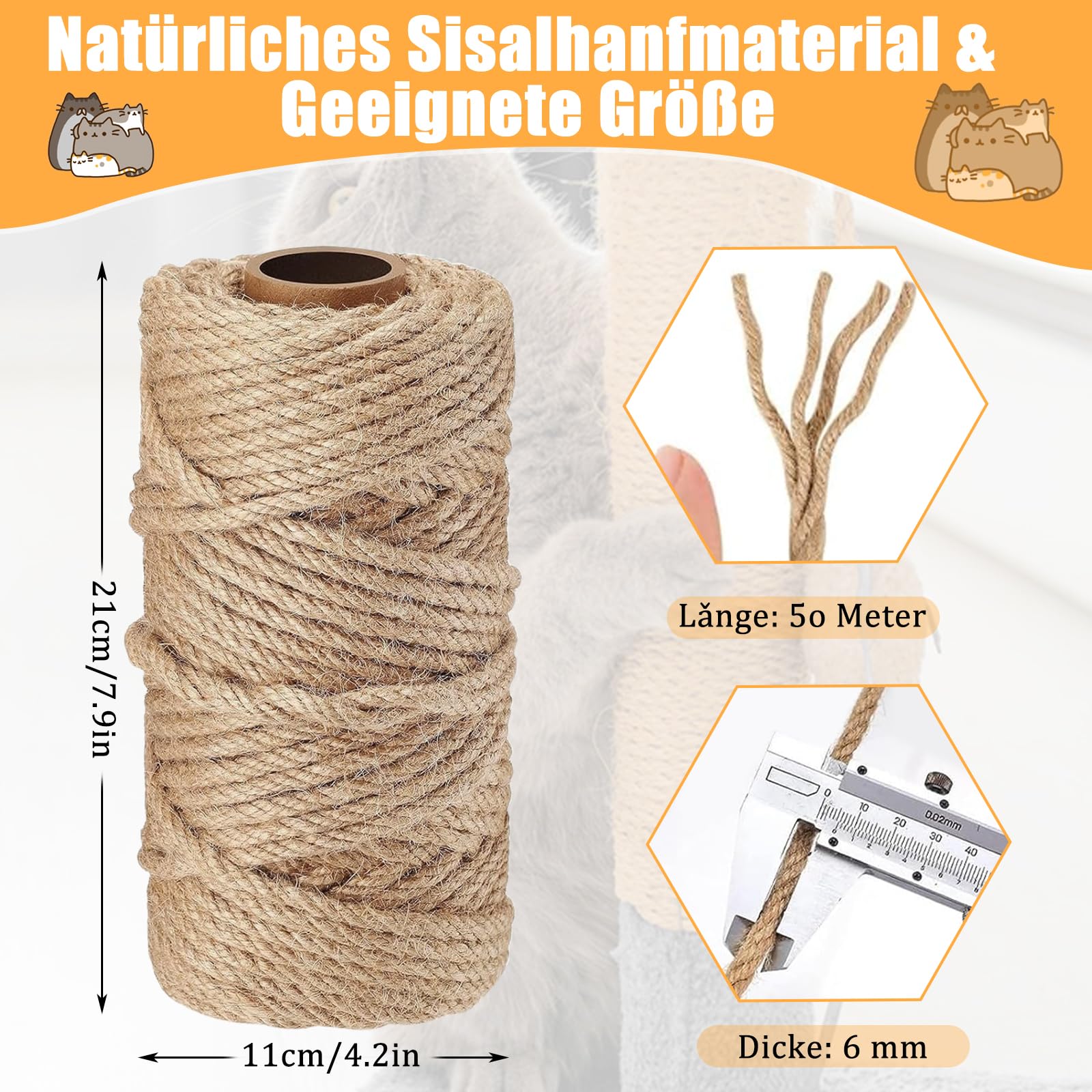 Corda Sisal Naturale Per Tiragraffi - 6mm X 50m, Con Giocattolo Topo Per Gatti - Foto 12
