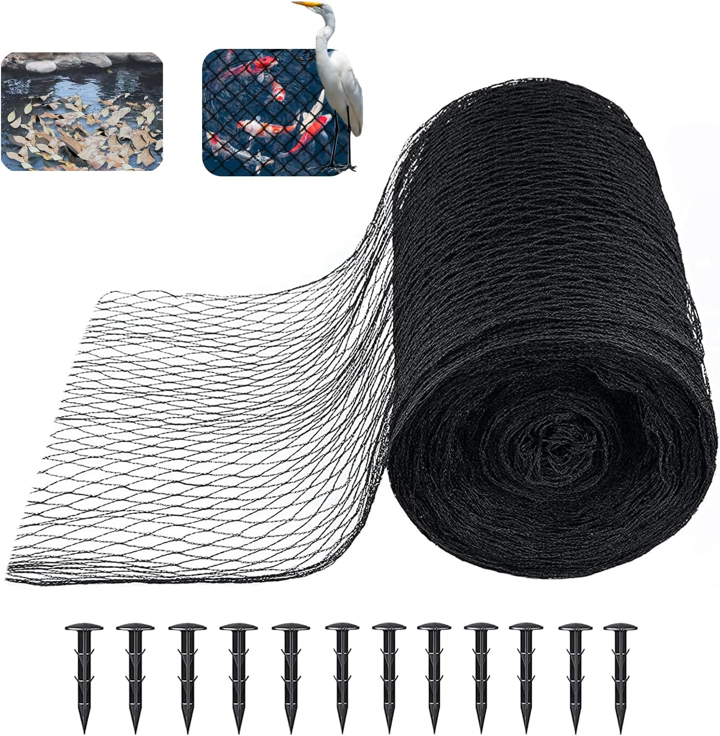 Koi Pond Netting Kit 40 x 40 FT, 3/8" Heavy Duty Woven Mesh Pond Net Cover for Leaves with 12 Stakes, HDPE Pool Netting Protecting Fish from Herons Birds Cats, Black