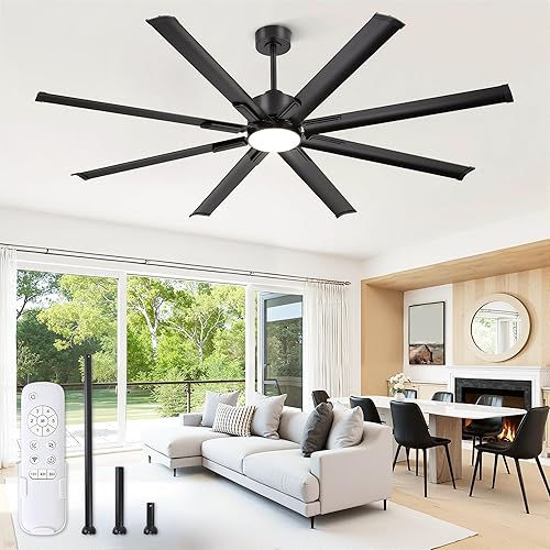 ZMISHIBO 72" Industrial Ceiling Fans with Lights, Large Ceiling Fan with 3CCT, 8 Reverisble Aluminum Blades, Quiet DC Motor, 6-Speed Remote, Indoor/Outdoor Ceiling Fans for Patios/Garage/Porch, Black